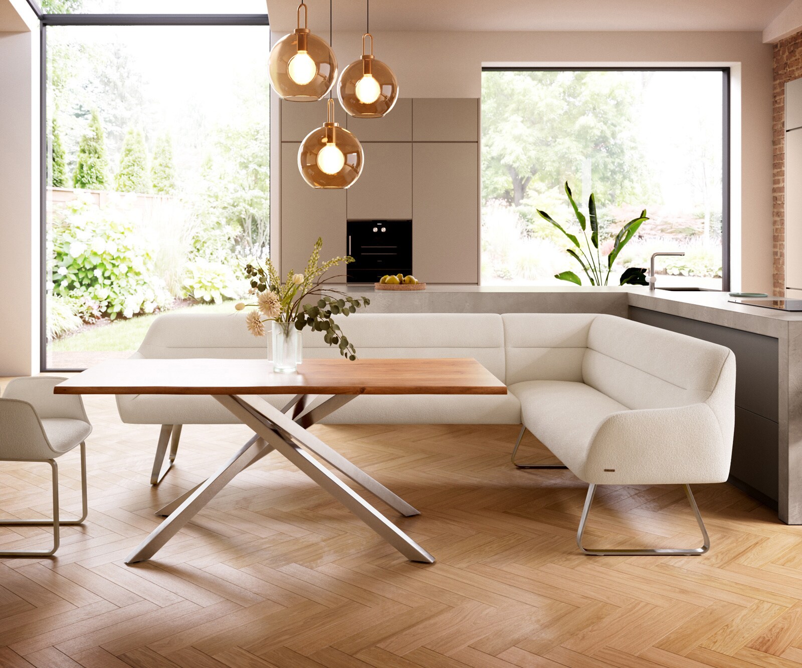 Esszimmerbank Taya-Flex 285x190 cm Bouclé Creme-Weiß Kufengestell flach Edelstahl Taschenfederkern Links 2