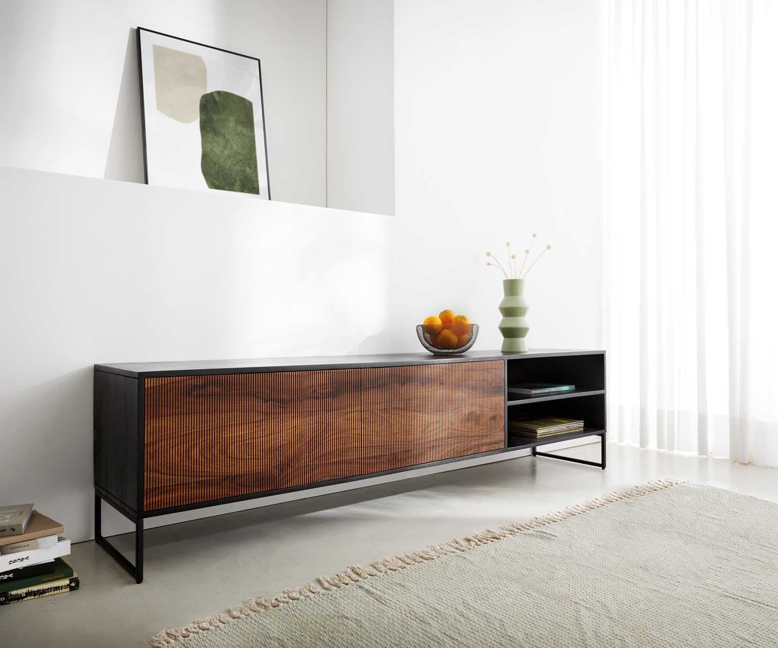 Lowboard Vaag 200 cm Sheesham Natur Mango Schwarz 2 Türen 2 Fächer 1