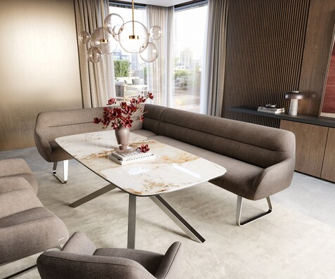 Esszimmerbank Taya-Flex 285x190 cm Strukturstoff Soft Taupe Kufengestell flach Edelstahl Taschenfederkern Links
