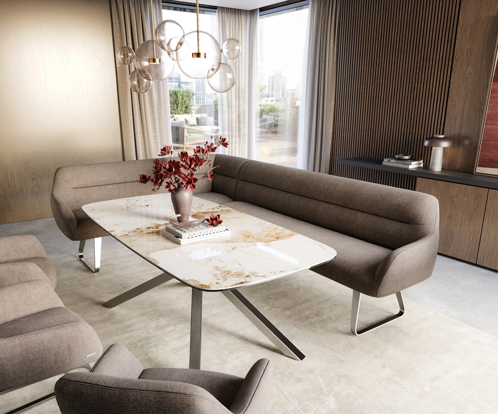 Esszimmerbank Taya-Flex 285x190 cm Strukturstoff Soft Taupe Kufengestell flach Edelstahl Taschenfederkern Links