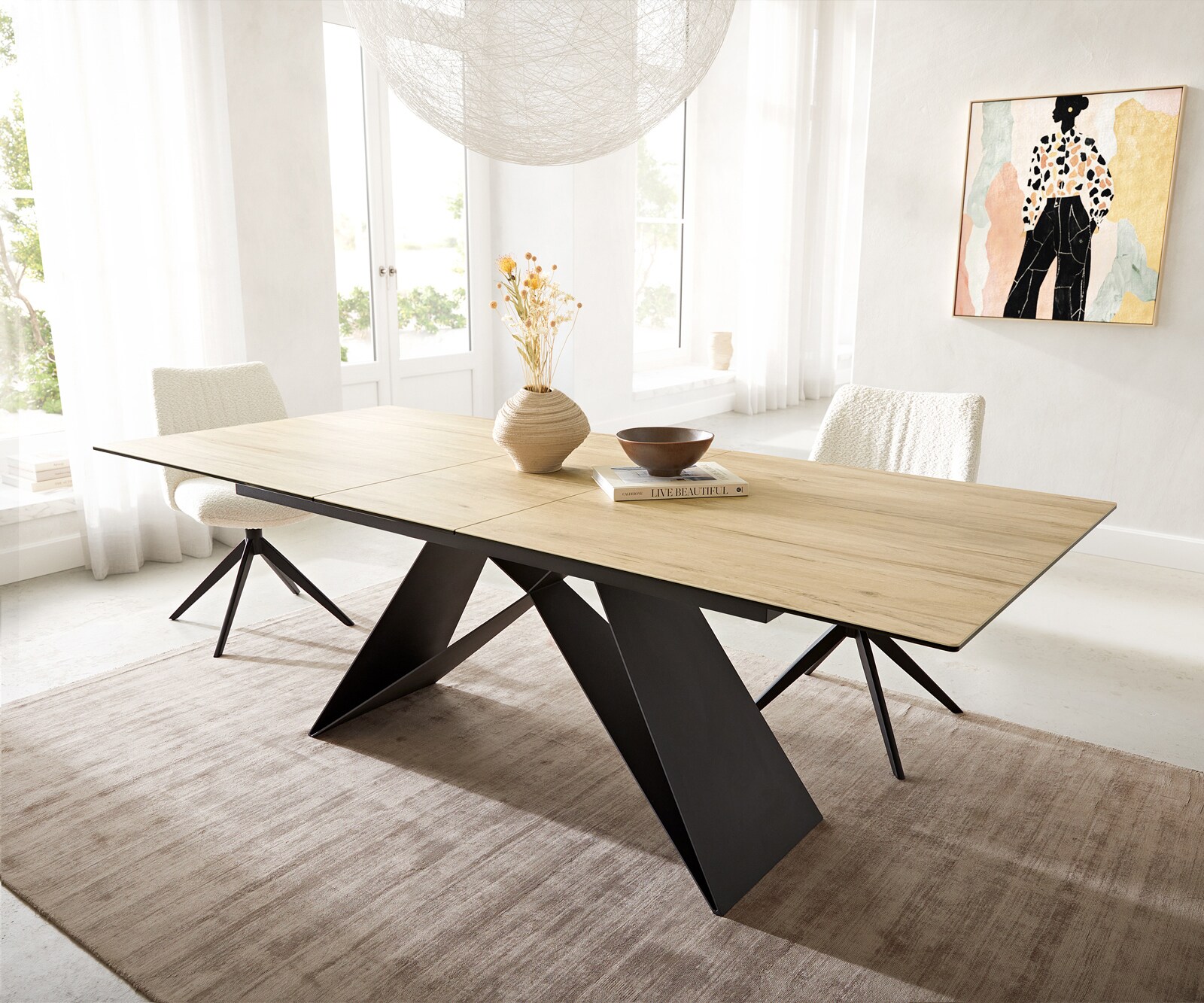 Esstisch Edge 180-220x100 Keramik Laminam® Sabbia Eichefarbig V-Gestell Flachstahl Schwarz ausziehbar 1
