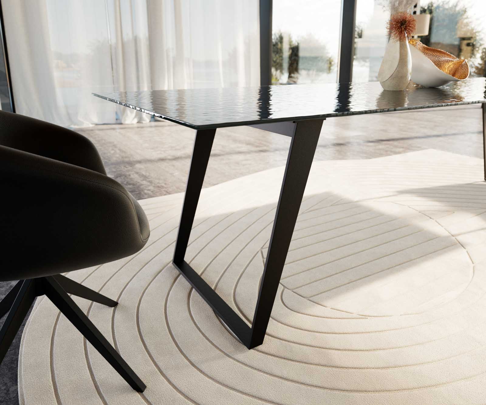 Esstisch Edge 300x100 Reliefglas Rauchschwarz 3D-Design Metall Schräg Schwarz 5