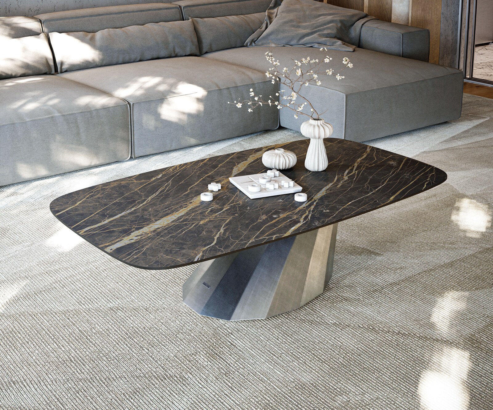 Couchtisch Edge Boot 140x80 cm Keramik Laminam® Noir Desir Braun Parabi Metallic Silber 2