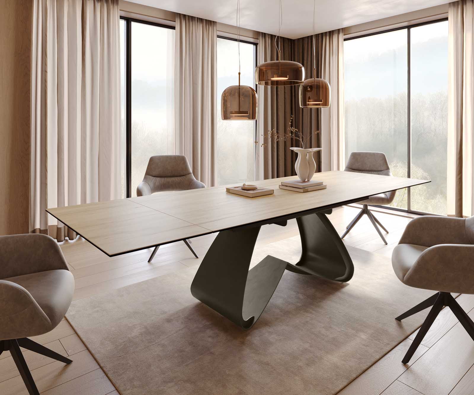 Esstisch Edge 200-300x100 Keramik Laminam® Sabbia Eichefarbig W-Gestell Effektfinish Titan Ausziehbar Esstisch Edge 200-300x100 Keramik Laminam® Sabbia Eichefarbig W-Gestell Effektfinish Titan Ausziehbar