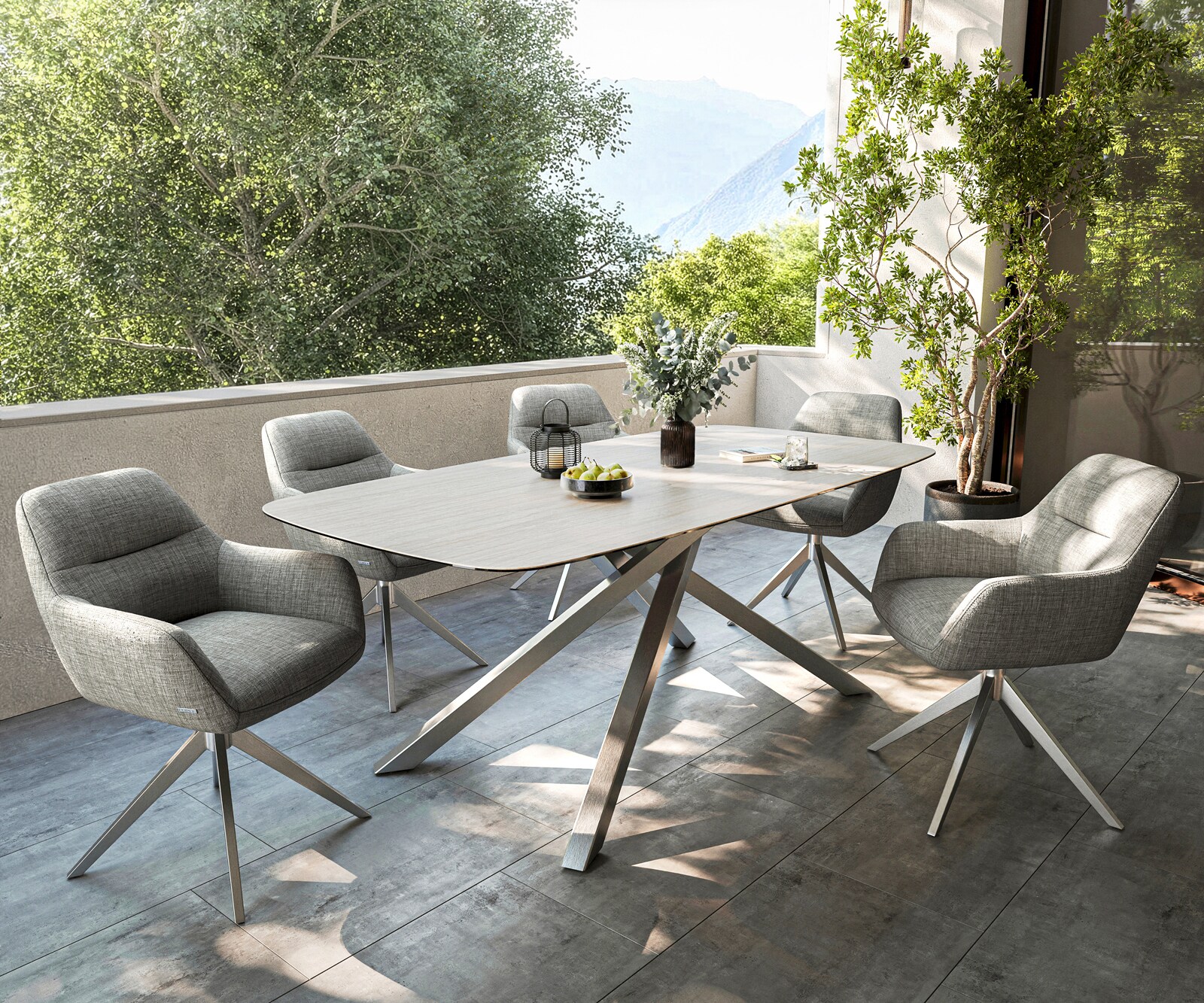 Outdoortisch Edge Boot 200x100 cm Keramik Laminam® Travertino Bianco Creme-Weiß Kreuzgestell Rechteck Edelstahl 6