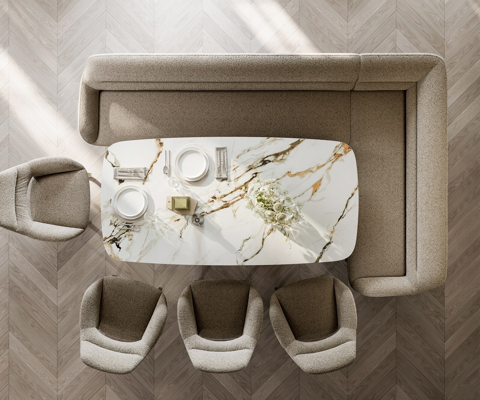 Esszimmerbank Taya-Flex 285x190 cm Bouclé Schlamm Kufengestell flach Effektfinish Titan Taschenfederkern Links 6