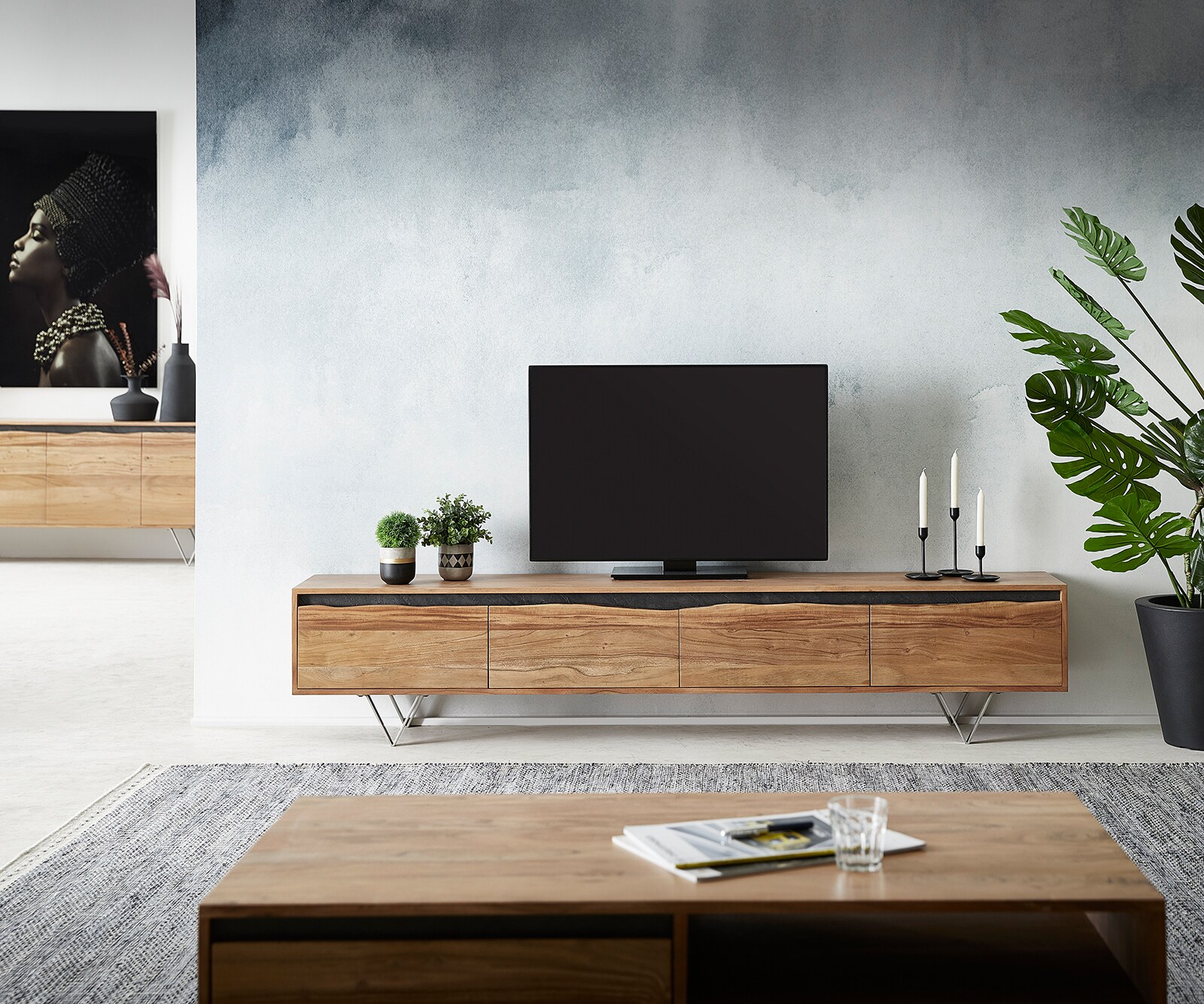 Lowboard Stonegrace 220x35 cm Akazie Natur 4 Türen Baumkante 1