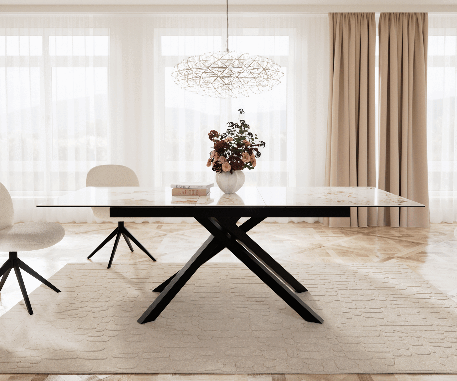 Esstisch Edge 180-220x100 Keramik Minas Melange Weiß-Beige Kreuzgestell Rechteck Schwarz ausziehbar 1