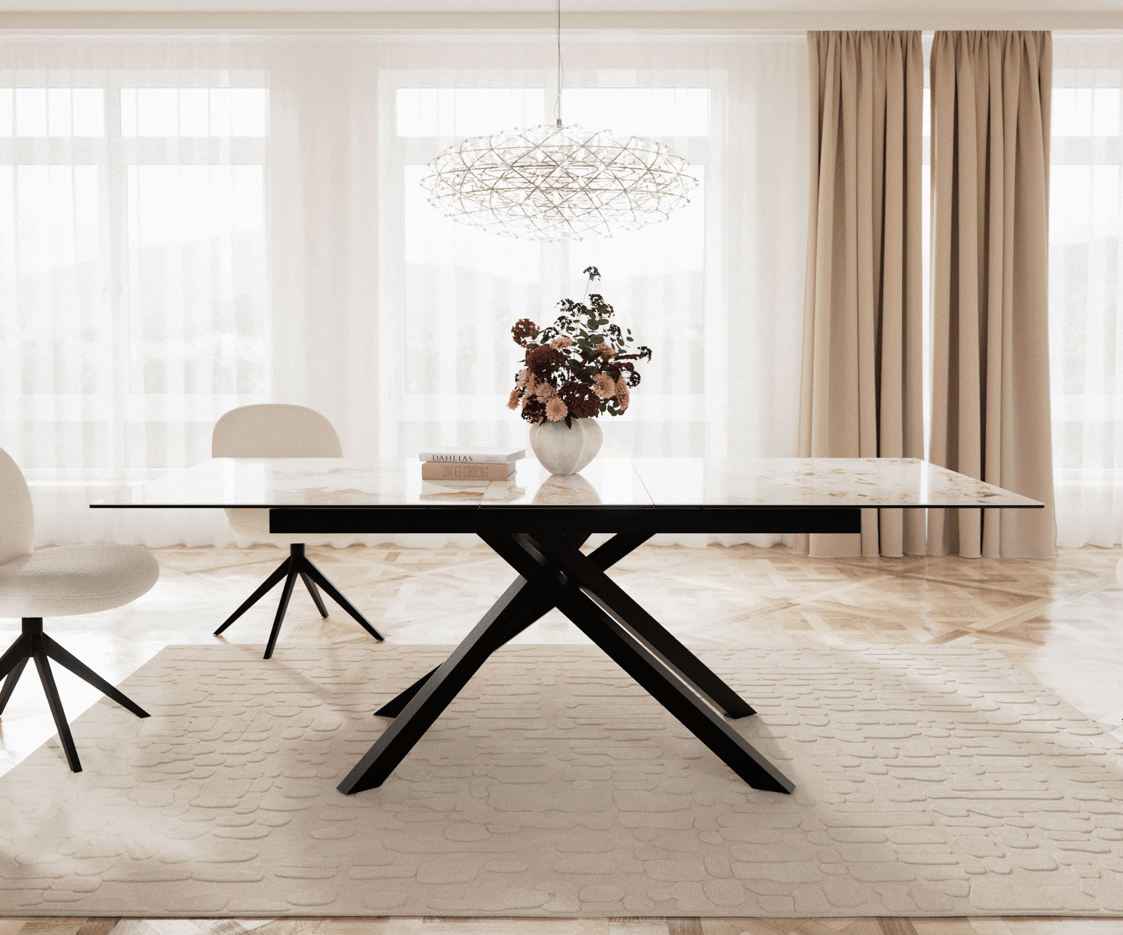 Esszimmertisch Edge Keramik Minas Melange Weiß-Beige 180-220x100 Kreuzgestell Rechteck Schwarz ausziehbar