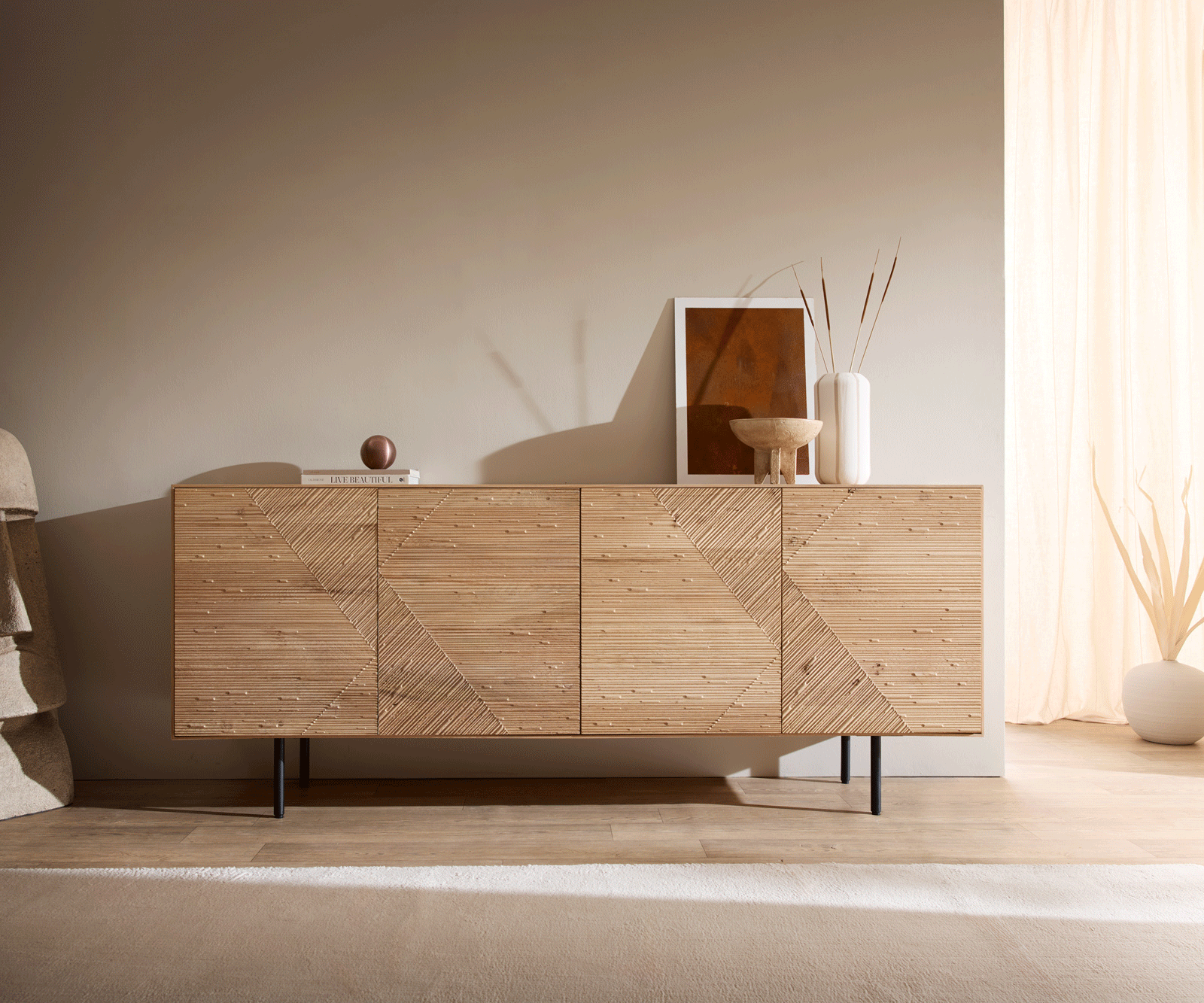 Sideboard Tereos 200 cm Eiche Natur 3D Effekt 4 Türen Rundfuß Metall Schwarz 4