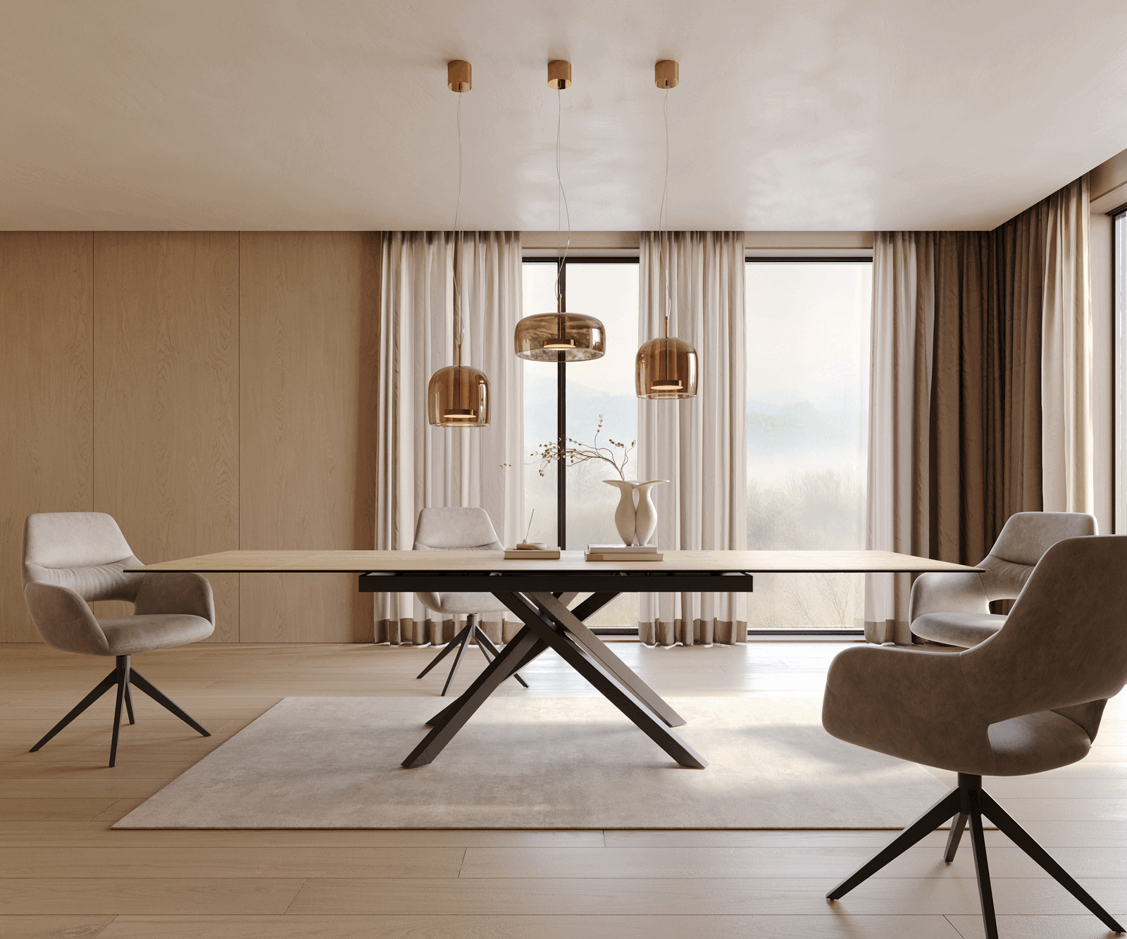 Esstisch Edge 200-300x100 Keramik Laminam® Sabbia Eichefarbig Kreuzgestell Rechteck Schwarz ausziehbar 1