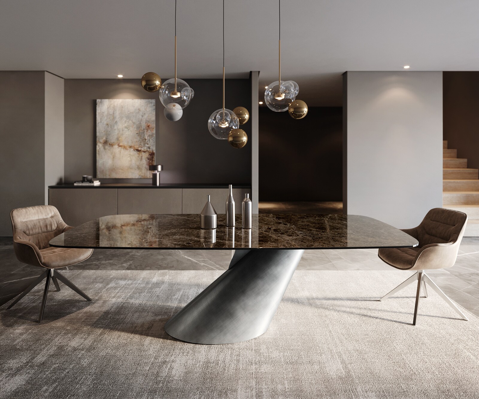 Esstisch Edge Boot 240x120 Keramik Laminam® Emperador Extra Lucidato Dunkelbraun Cono Metallic Silber 1