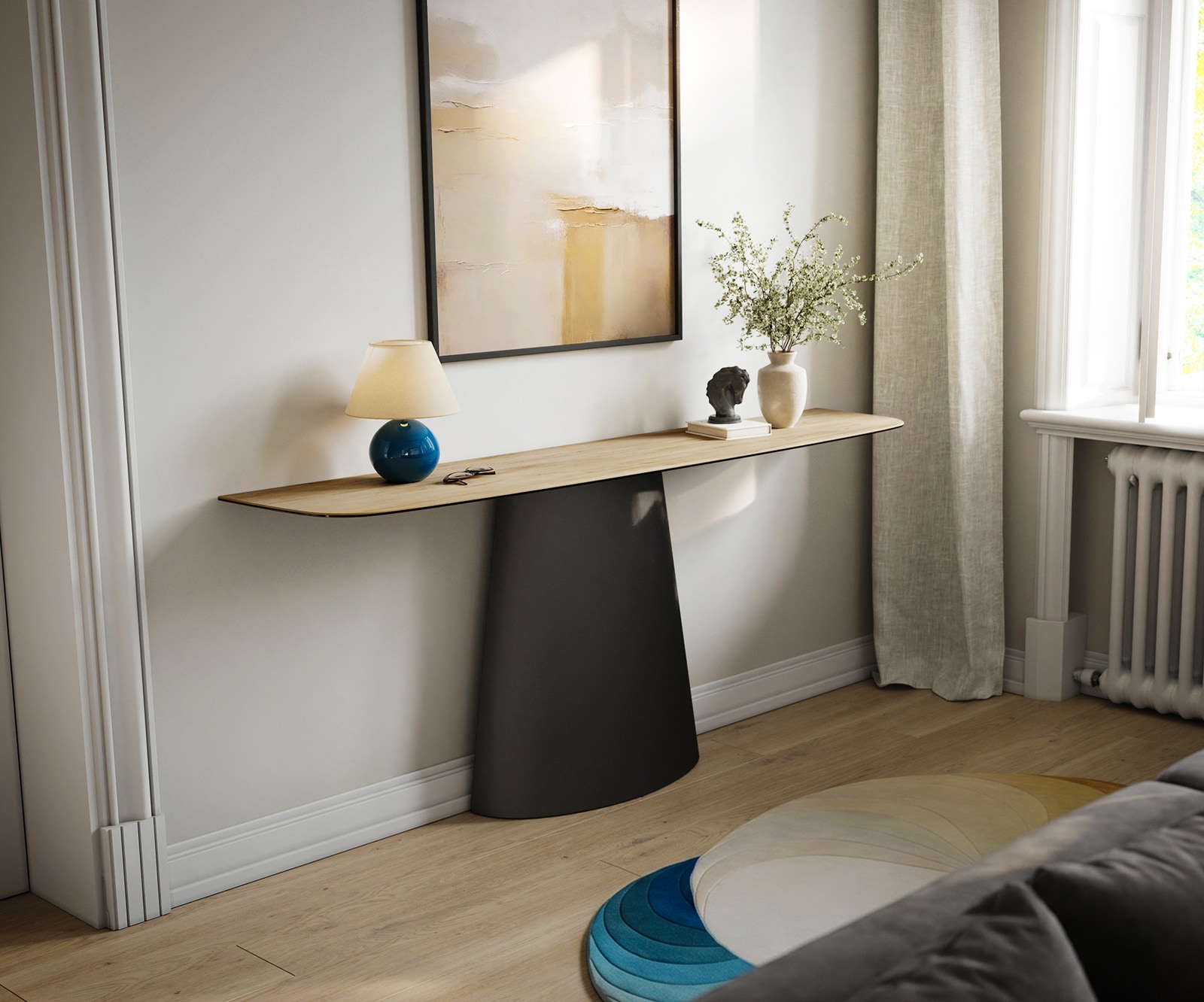 Konsolentisch Edge Boot 180x40 cm Keramik Laminam® Sabbia Eichefarbig Conos Metall Schwarz