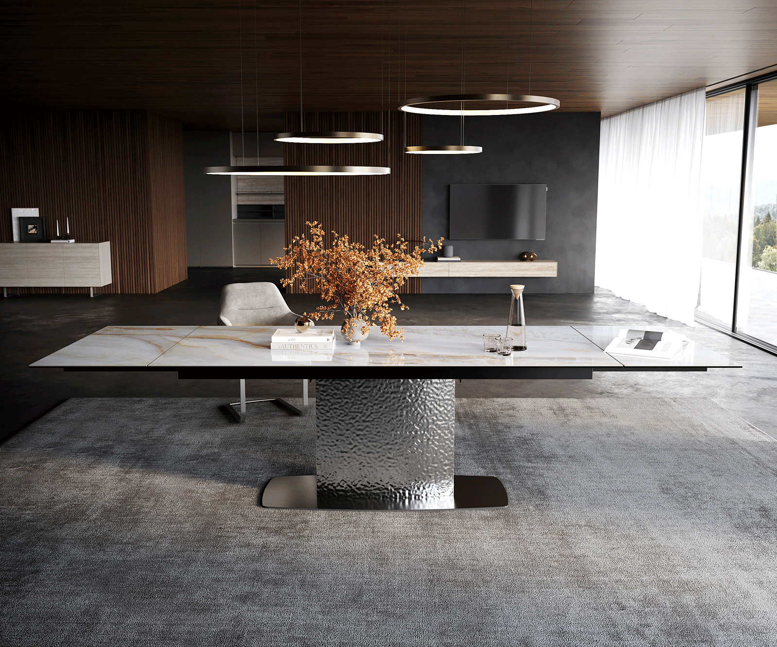 Esstisch Edge 200-300x100 cm Keramik Onyx Pearl Wave Edelstahl ausziehbar 1