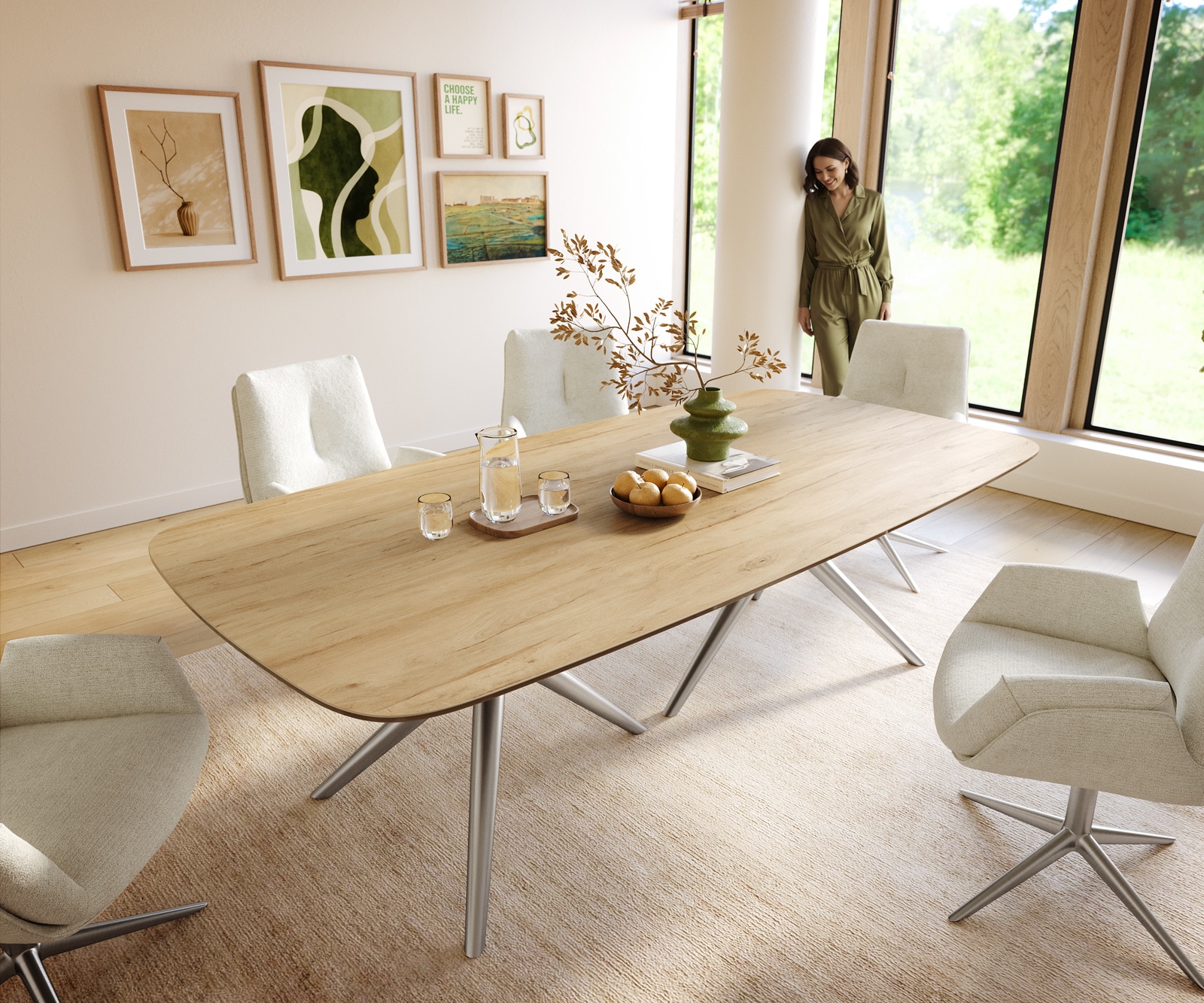Esstisch Edge Boot 240x120 cm Keramik Laminam® Sabbia Eichefarbig Estelar rund Edelstahl
