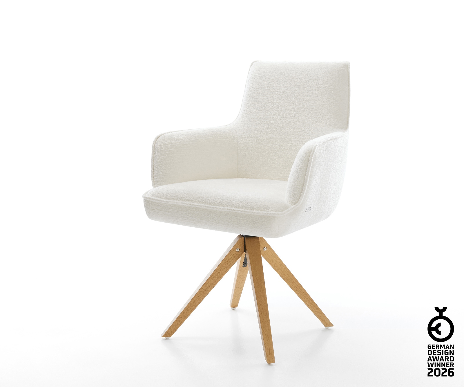 Drehstuhl Heira-Flex mit Armlehnen Bouclé Soft Beige Holzgestell kantig Natur 360° drehbar Taschenfederkern