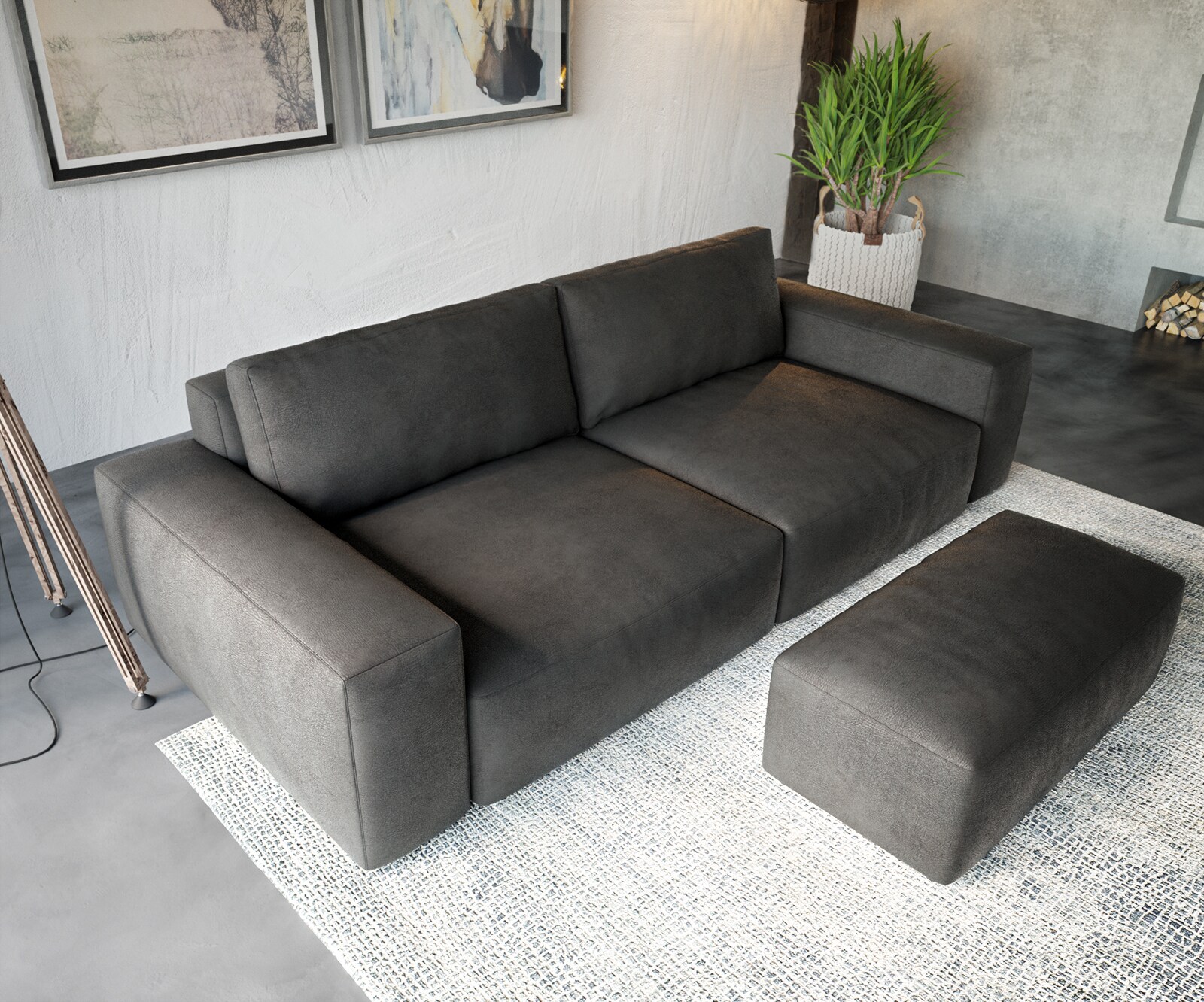Big-Sofa Lanzo XL 270x130 cm Lederimitat Vintage Anthrazit mit Hocker 3