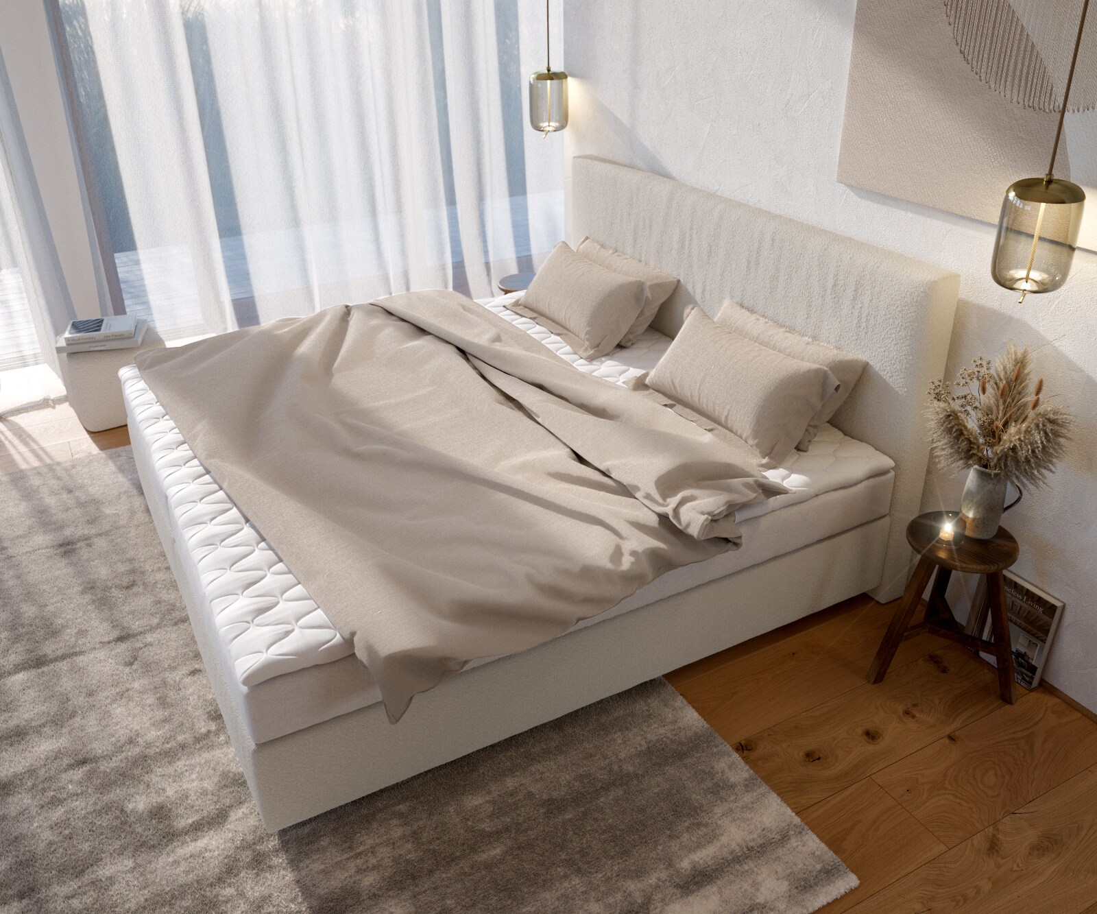 Boxspringbett Dream-Well Bouclé Creme-Weiß 200x200 cm Bonell-Matratze PU-Topper 3