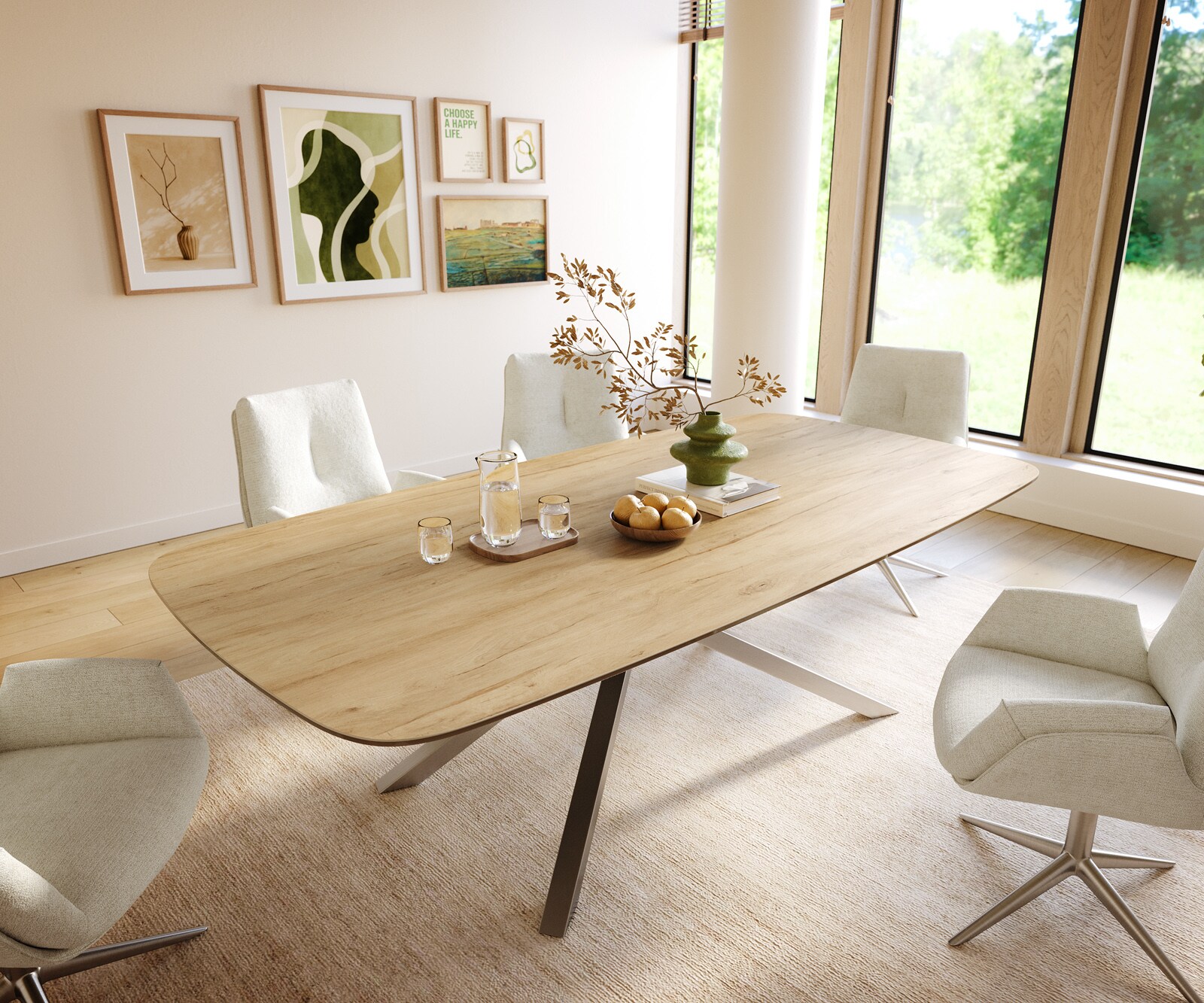 Esstisch Edge Boot 240x120 cm Keramik Laminam® Sabbia Eichefarbig Kreuzgestell Rechteck Edelstahl 1