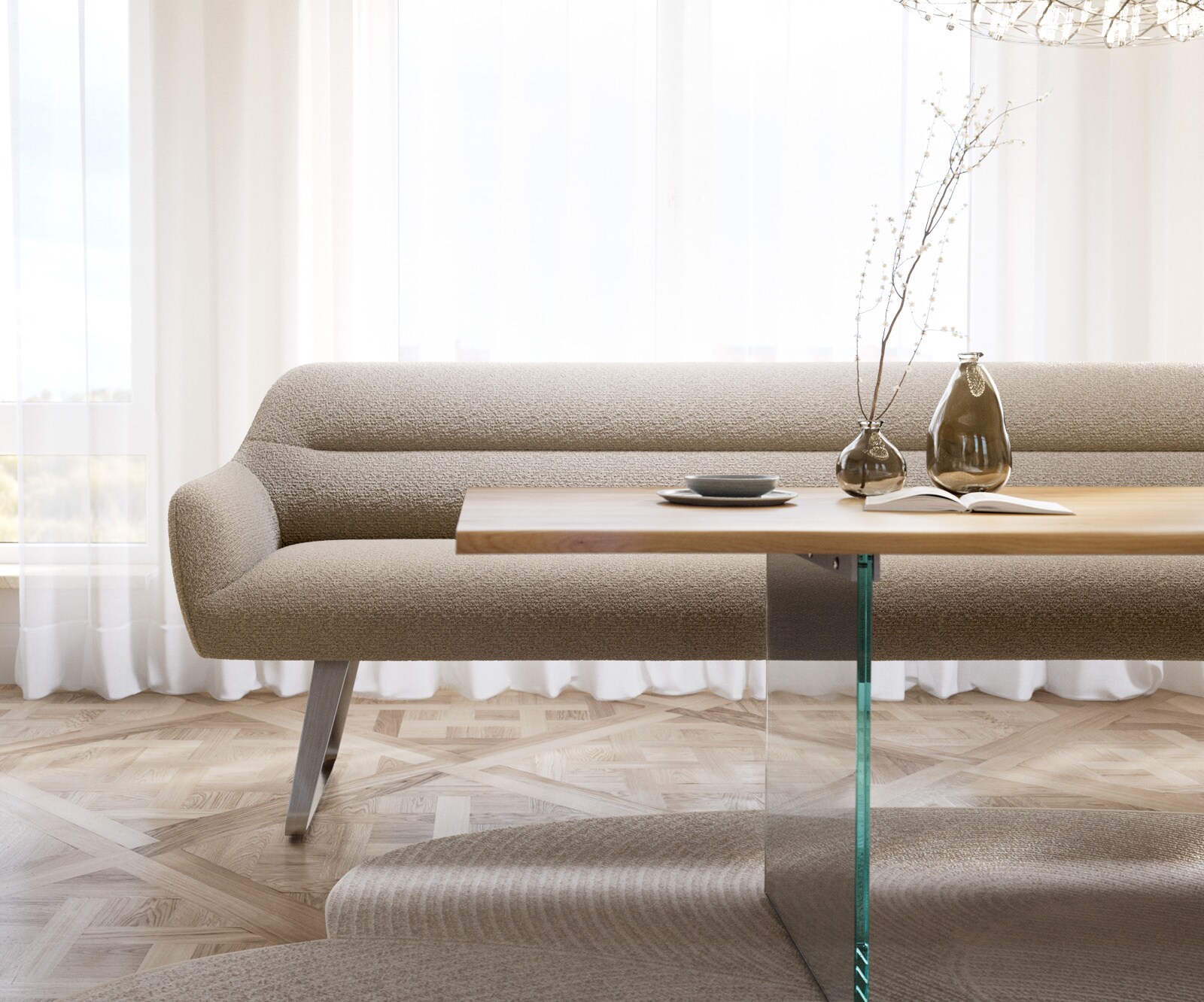 Esszimmerbank Taya-Flex 300 cm Bouclé Schlamm Kufengestell flach Edelstahl Taschenfederkern 2