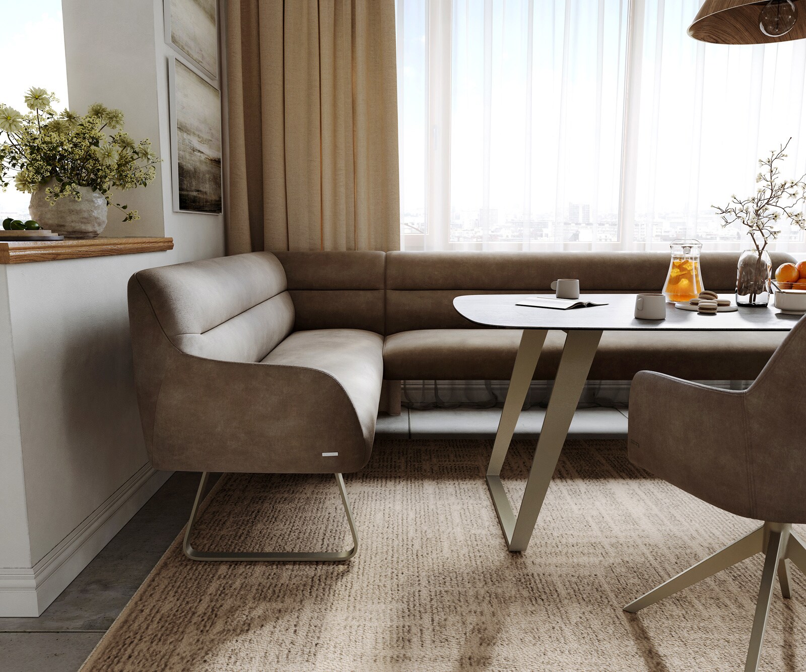 Esszimmerbank Taya-Flex 285x190 cm Mikrofaser Taupe Vintage Kufengestell flach Effektfinish Titan Taschenfederkern Rechts 4