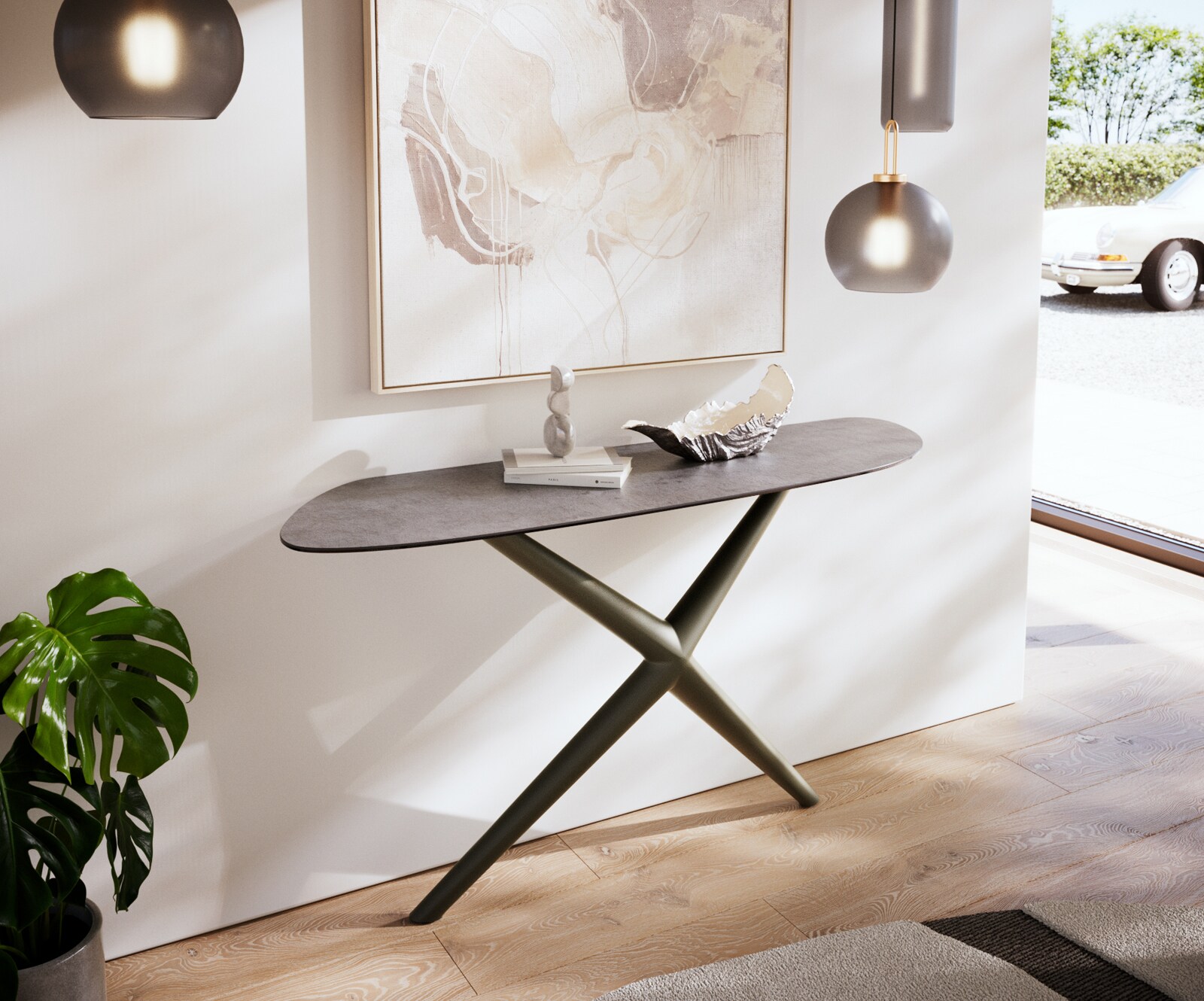 Konsolentisch Edge Organisch 140x40 cm Keramik Beton Grau Estelo Metall Effektfinish Titan 1