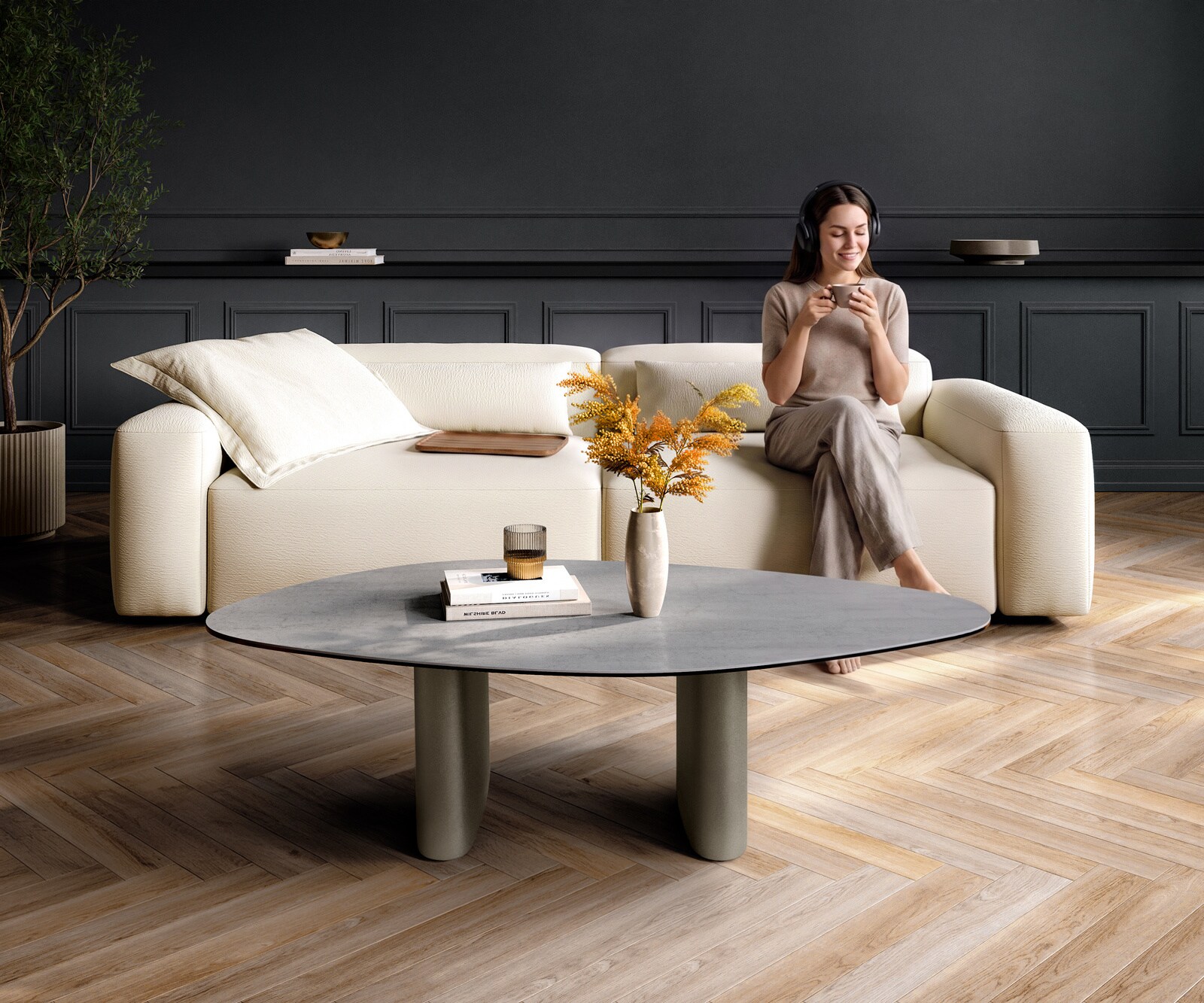 Couchtisch Edge Organisch 140x76 cm Keramik Beton Grau Ovada Effektfinish Titan 2