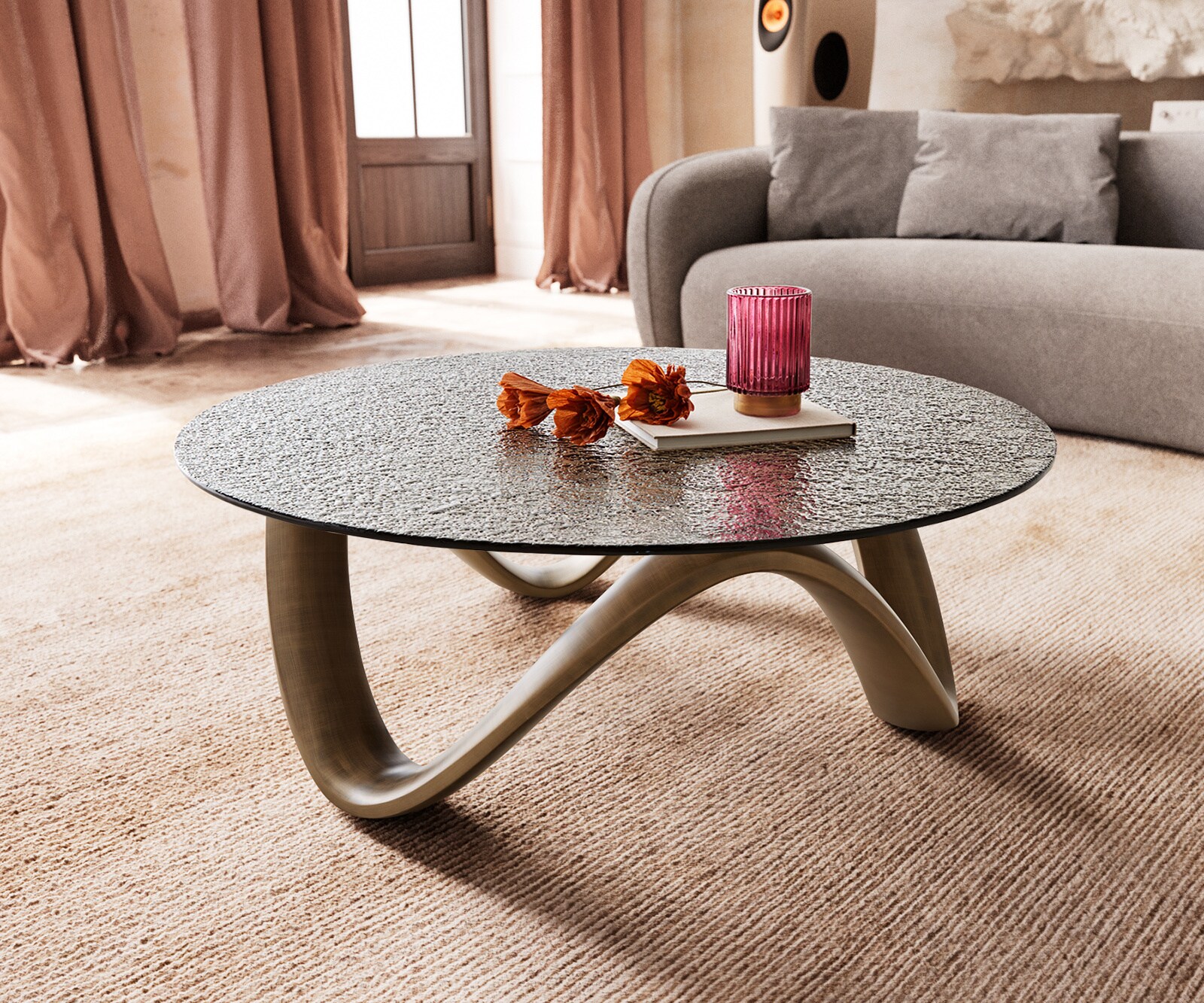 Couchtisch Tanju 90x90 cm Metallic Gold mit Reliefglas Taupe günstig online kaufen