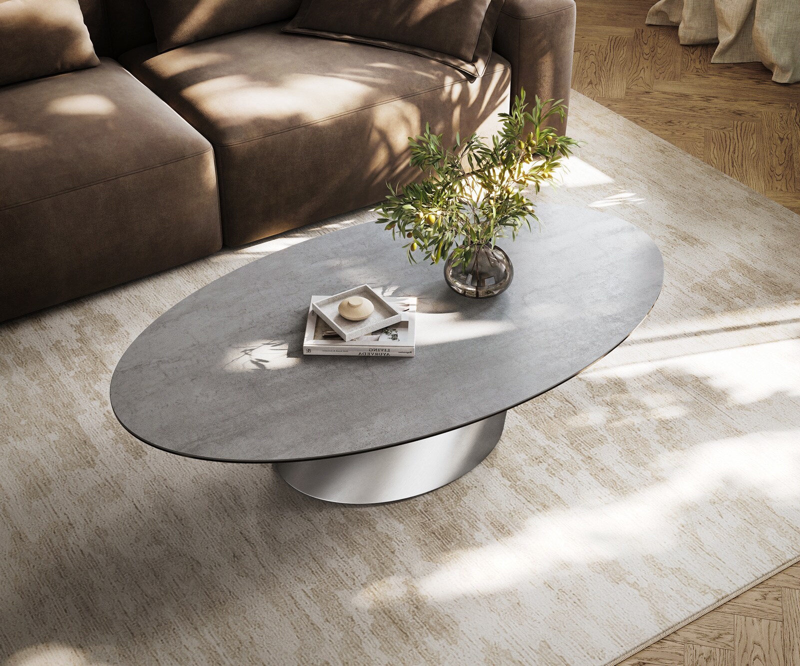 Couchtisch Edge Oval 140x80 cm Keramik Beton Grau Conis Edelstahl gebürstet 3