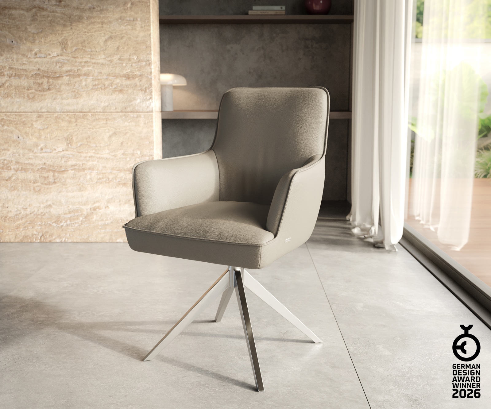 Drehstuhl Heira-Flex mit Armlehnen Echt-Leder Schlamm Kreuzgestell breit Edelstahl 360° drehbar Taschenfederkern