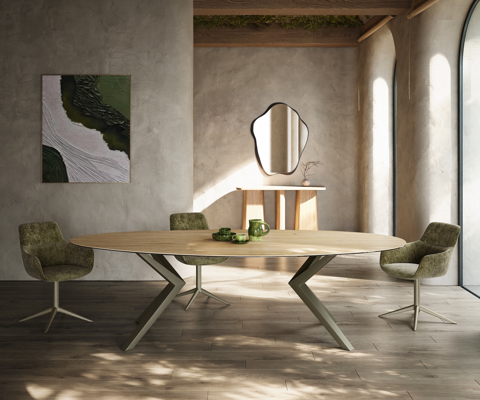 Esstisch Edge Oval 280x130 Keramik Laminam® Sabbia Eichefarbig Zenthara kantig Metall Effektfinish Titan 2