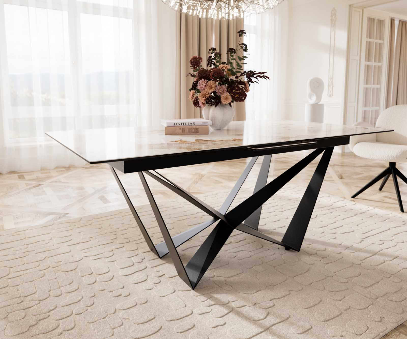 Esstisch Edge 180-220x100 Keramik Minas Melange Weiß-Beige Spider Flachstahl Schwarz ausziehbar 6 Esstisch Edge 180-220x100 Keramik Minas Melange Weiß-Beige Spider Flachstahl Schwarz ausziehbar 6