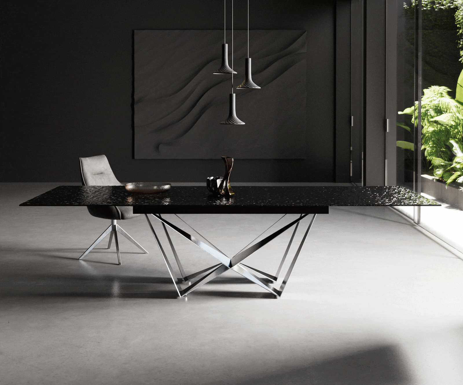 Esstisch Edge 200-300x100 Reliefglas Rauchschwarz 3D-Design Spider Flachstahl Edelstahl ausziehbar 1 Esstisch Edge 200-300x100 Reliefglas Rauchschwarz 3D-Design Spider Flachstahl Edelstahl ausziehbar 1