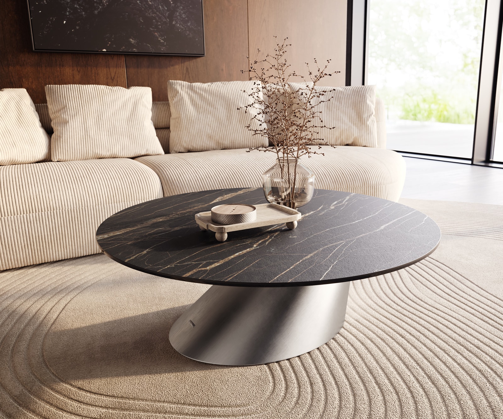 Couchtisch Edge Rund 100x100 cm Keramik Laminam® Noir Desir Braun Conis Edelstahl gebürstet