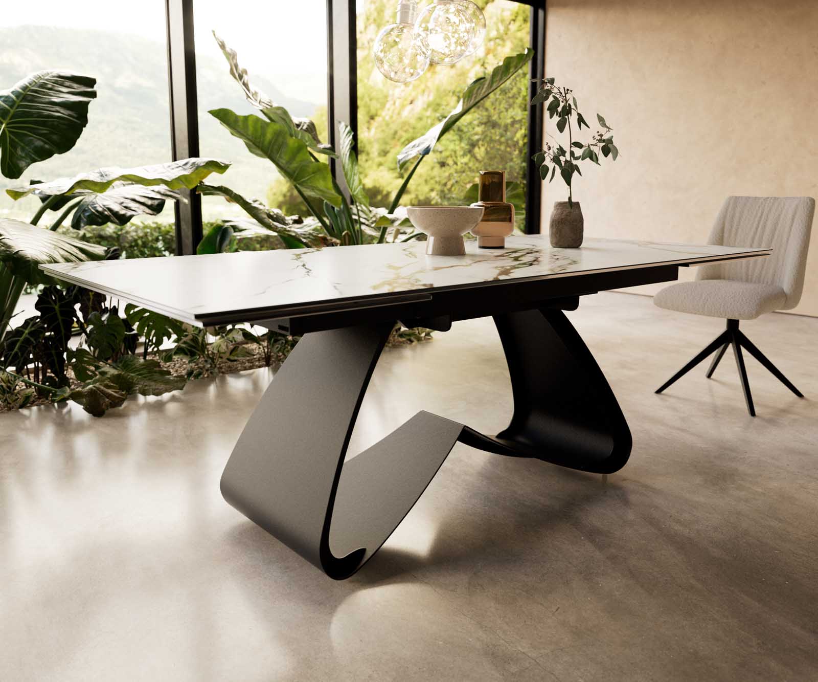 Esstisch Edge 200-300x100 Keramik Calacatta Luxe Weiß-Gold-Grau W-Gestell Schwarz ausziehbar 6 Esstisch Edge 200-300x100 Keramik Calacatta Luxe Weiß-Gold-Grau W-Gestell Schwarz ausziehbar 6