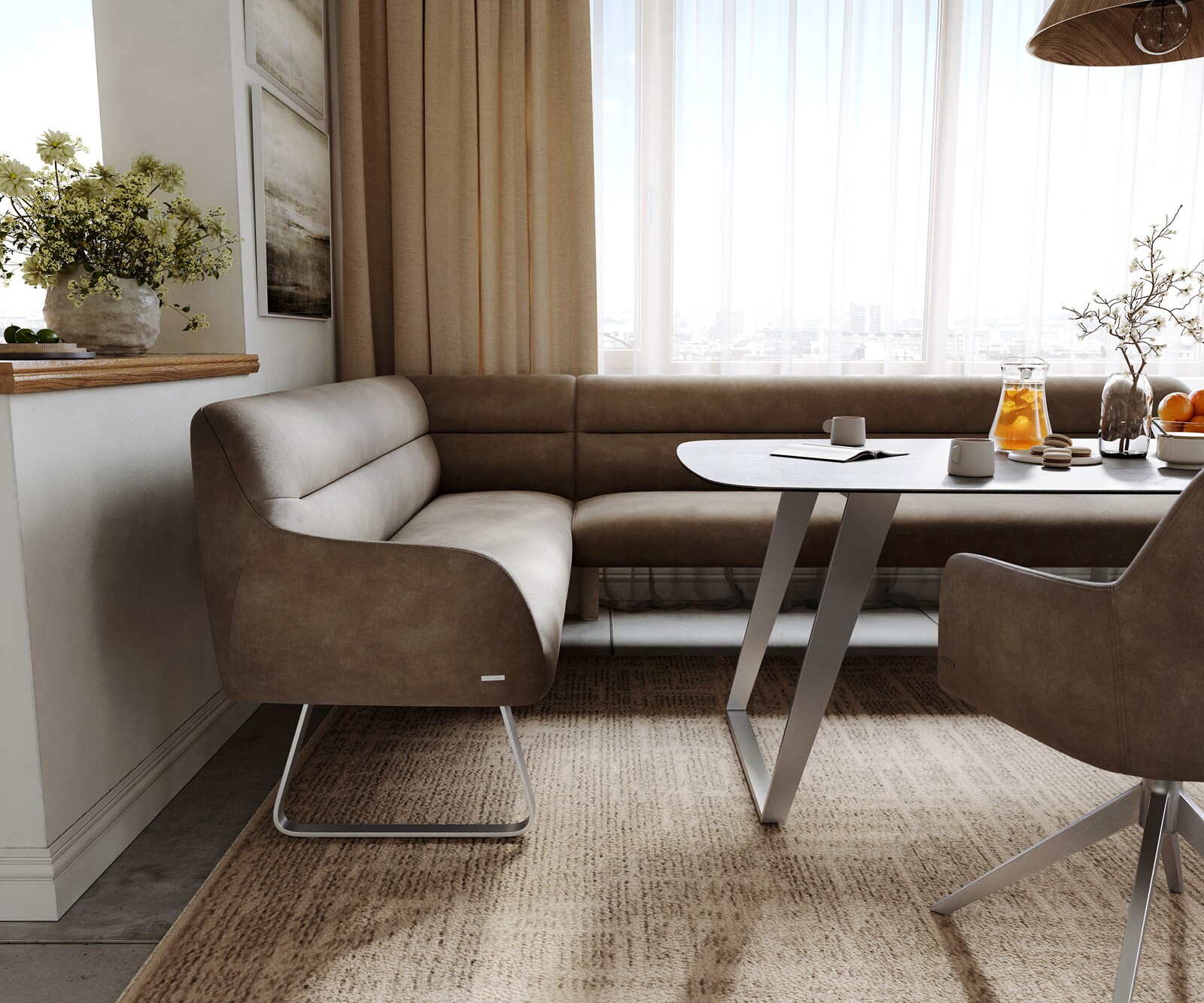 Esszimmerbank Taya-Flex 285x190 cm Mikrofaser Taupe Vintage Kufengestell flach Edelstahl Taschenfederkern Rechts 4