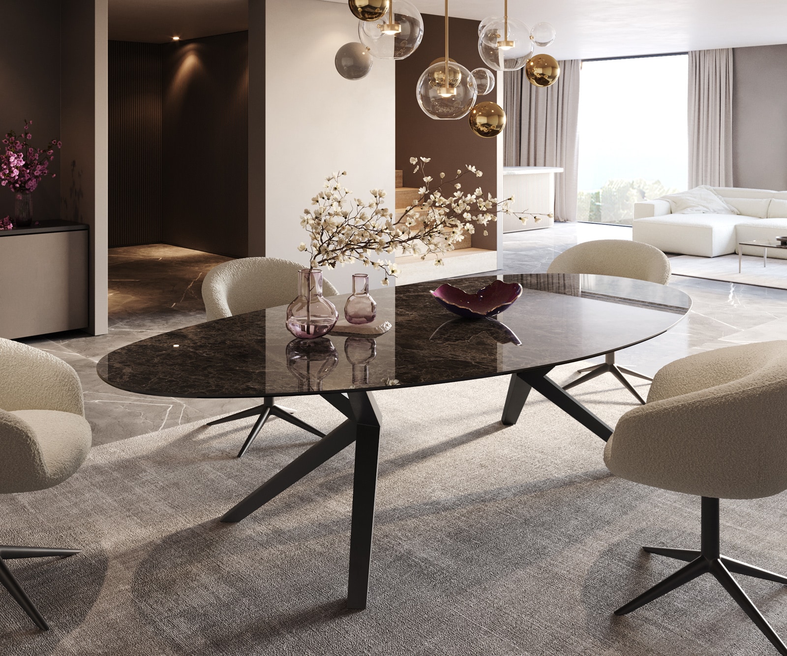 Esstisch Edge Oval 280x130 Keramik Emperador Extra Lucidato Dunkelbraun Zenthara kantig Metall Schwarz