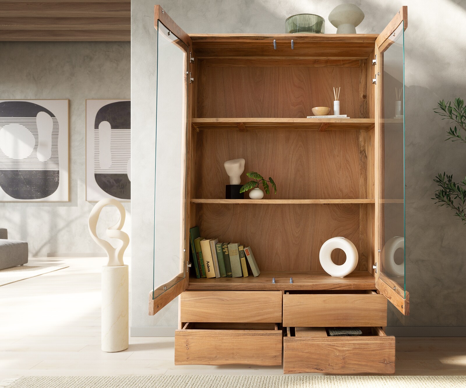 Vitrine Live-Edge 120x190 cm Akazie Natur 2 Türen 4 Schubladen Massiv 3