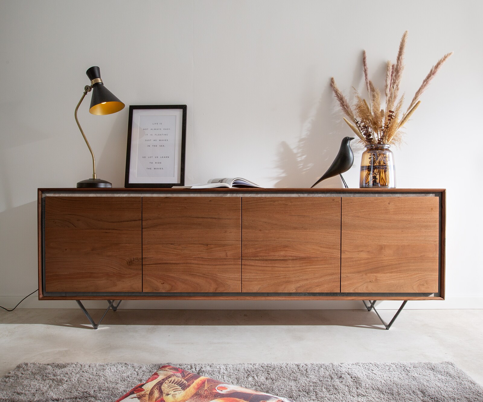 Sideboard Stonegrace 200 cm Akazie Braun Steinfurnier 4 Türen V-Fuß Schwarz 1