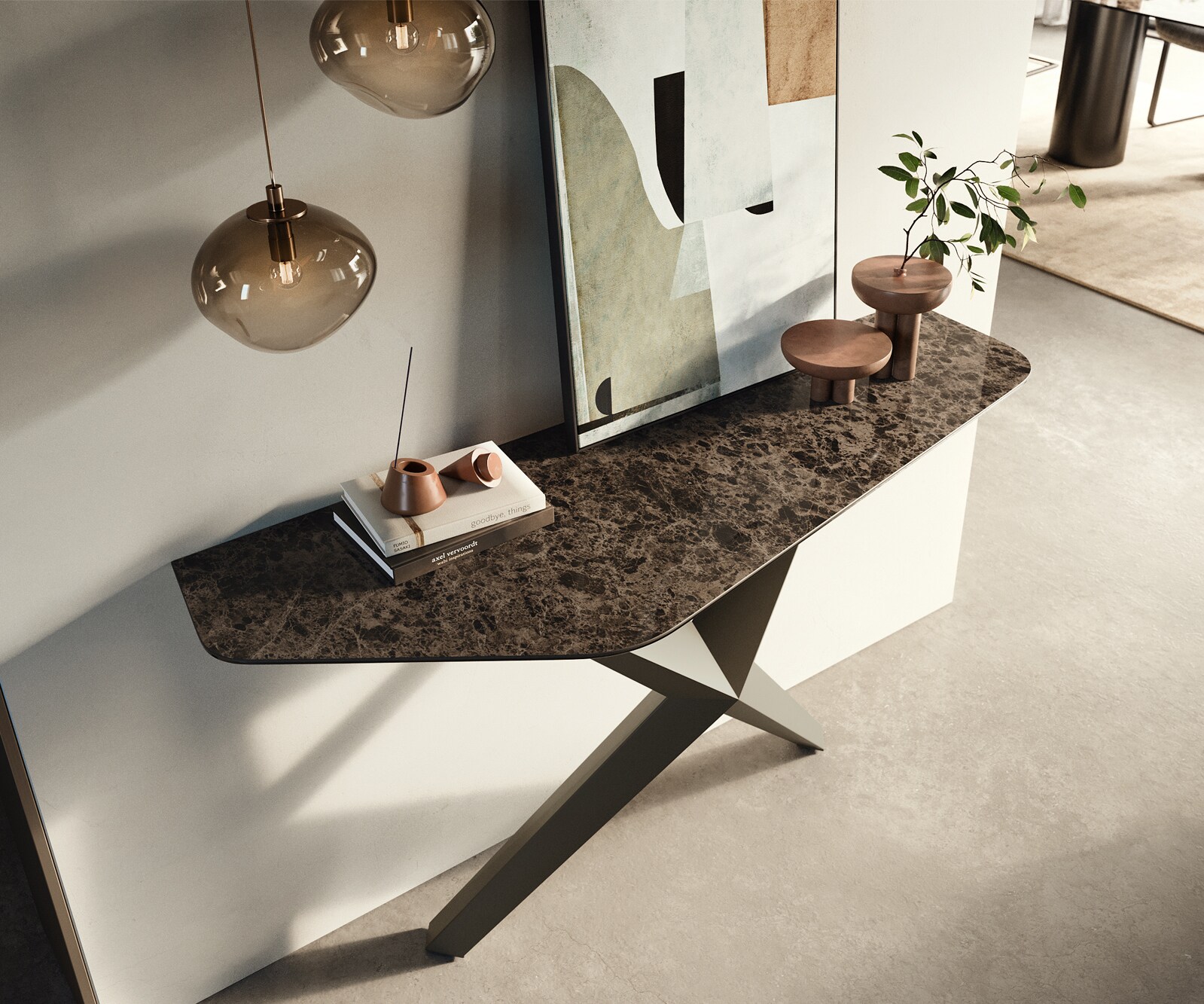 Konsolentisch Edge Polygonal 140x50 cm Keramik Emperador Extra Lucidato Dunkelbraun Zentharo Metall Effektfinish Titan 1