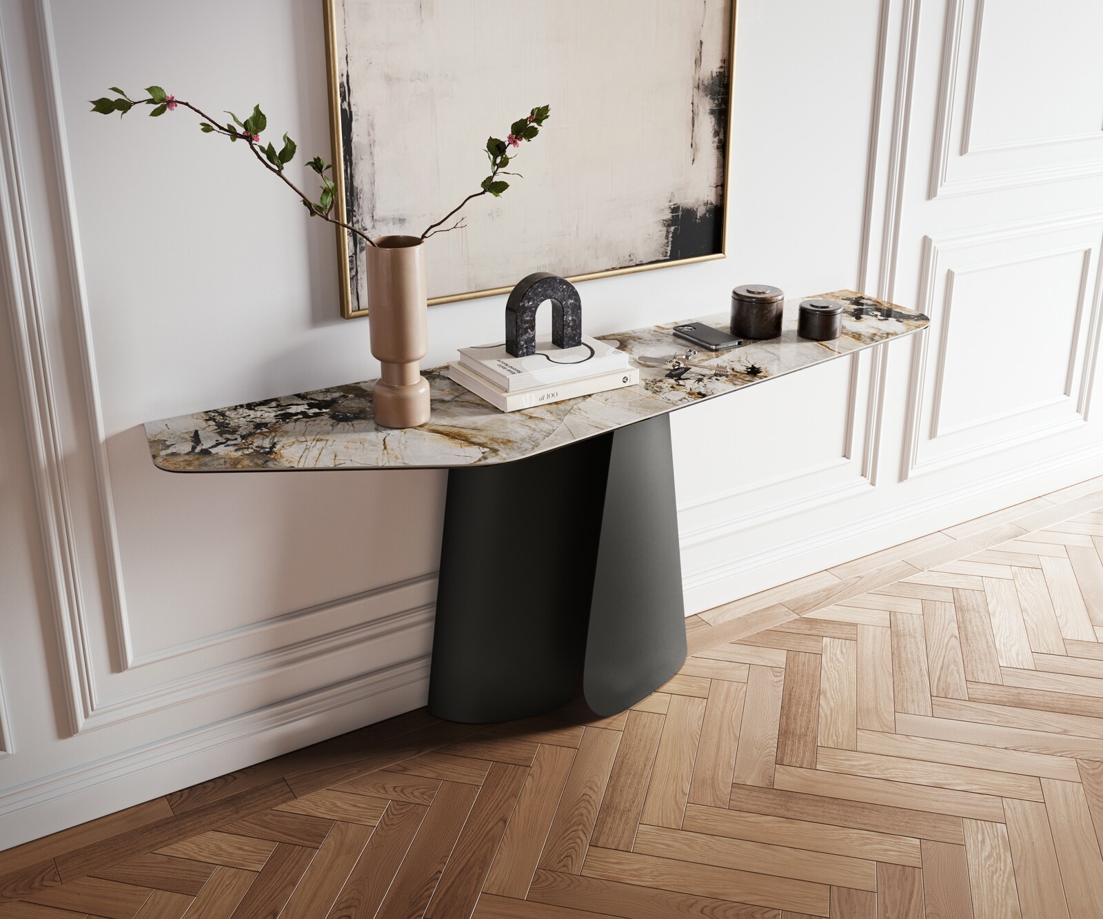Konsolentisch Edge Polygonal 180x50 cm Keramik Patagonia Poliert Livos Metall Schwarz