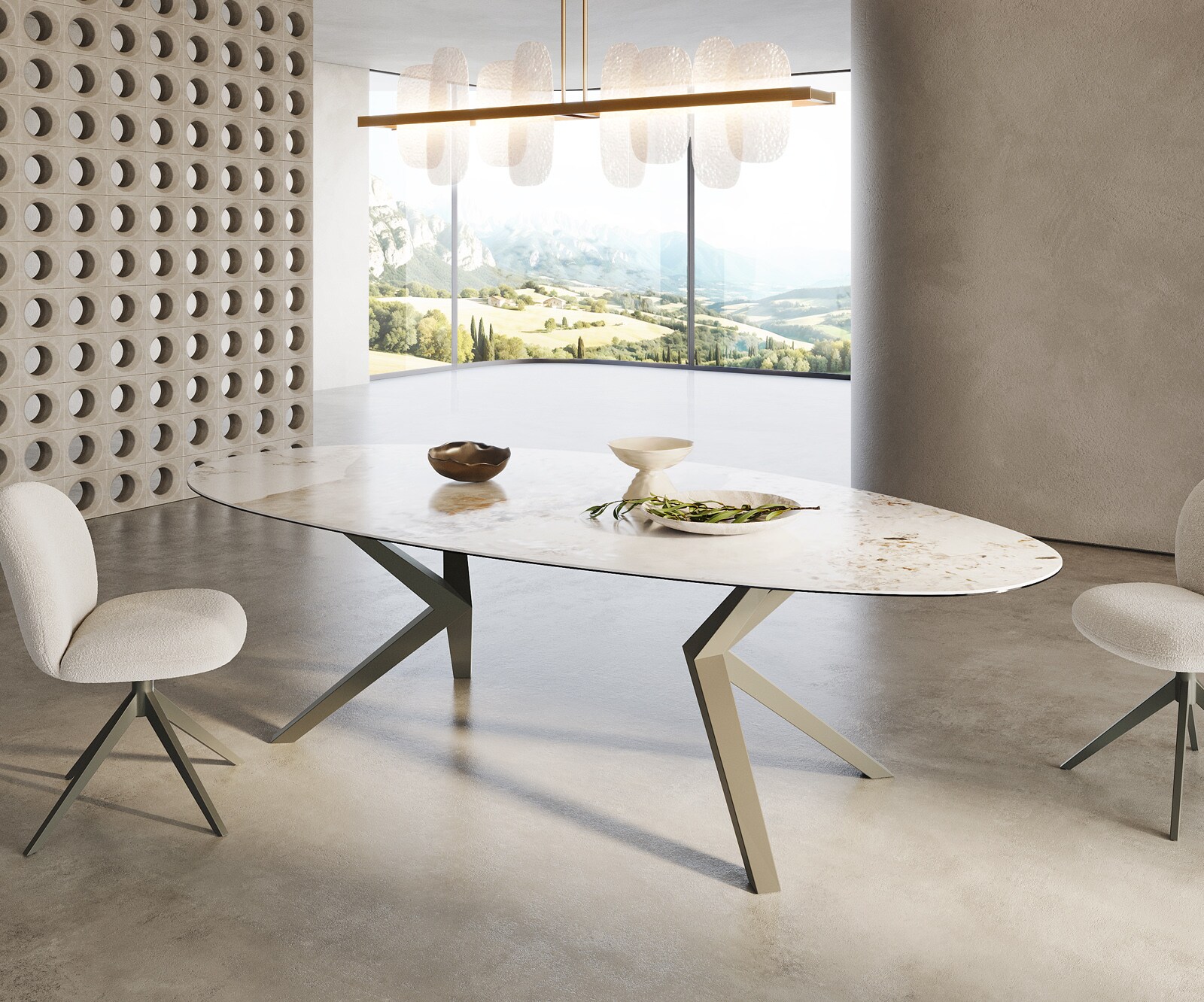 Esstisch Edge Oval 280x130 Keramik Minas Melange Weiß-Beige Zenthara kantig Metall Effektfinish Titan 3