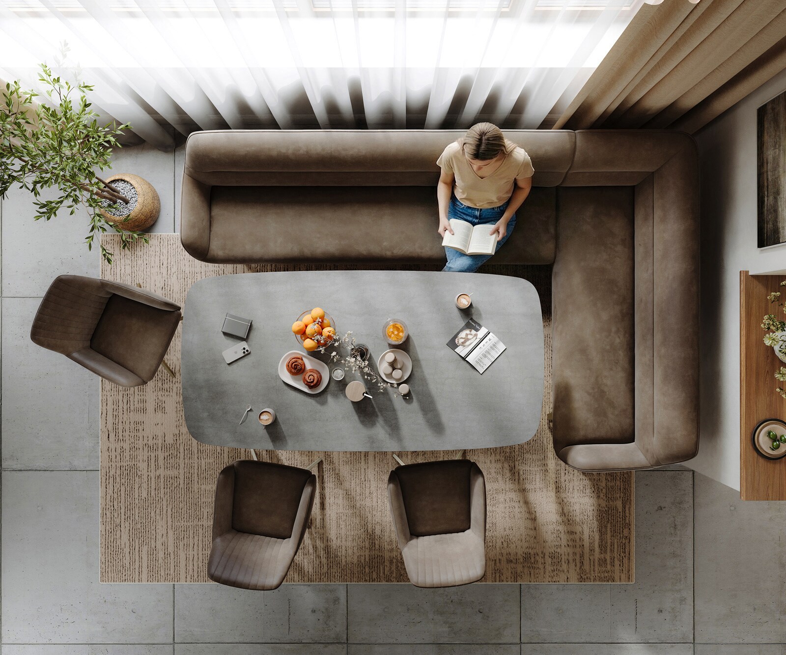 Esszimmerbank Taya-Flex 285x190 cm Mikrofaser Taupe Vintage Kufengestell flach Effektfinish Titan Taschenfederkern Rechts 6