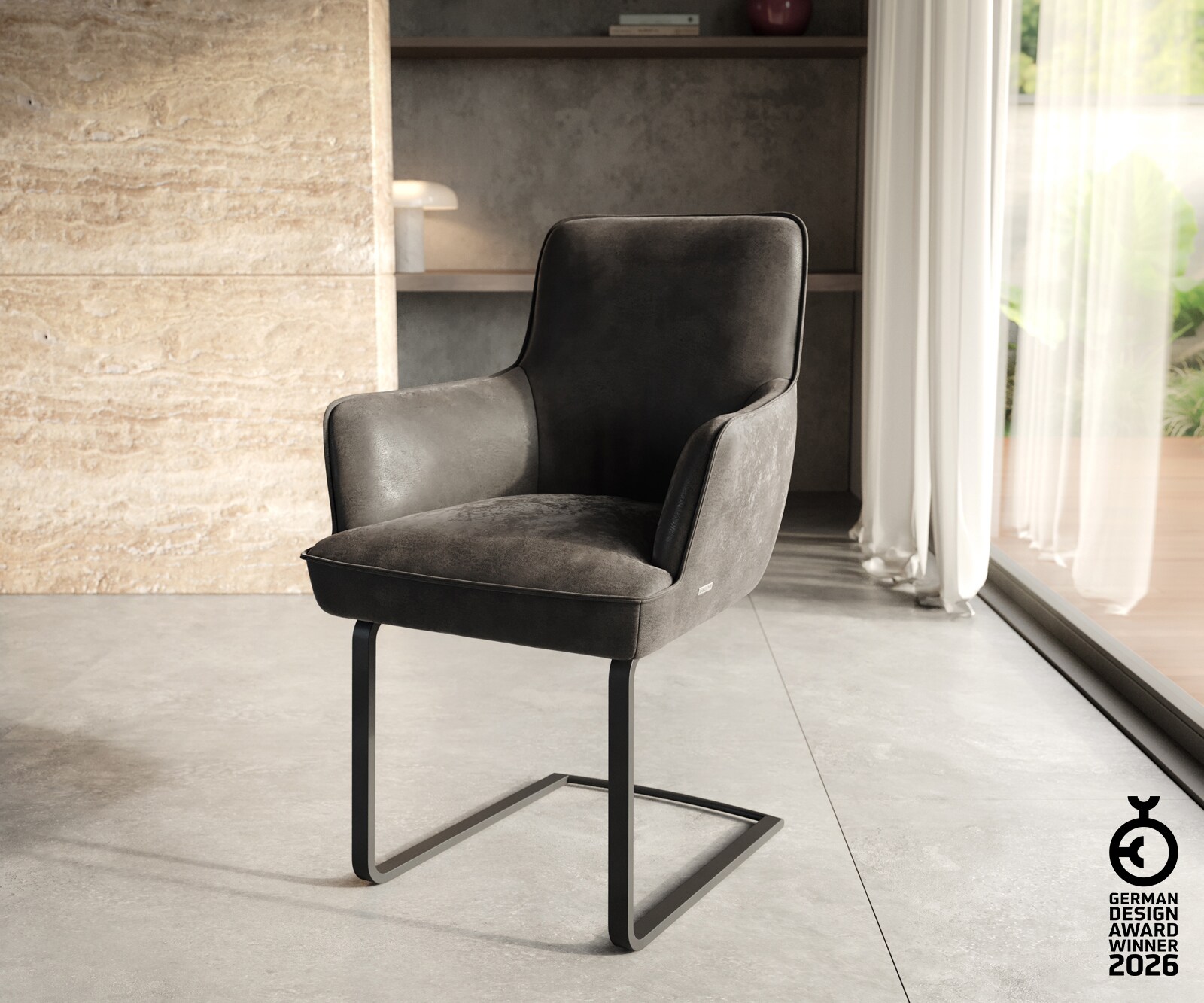 Freischwinger Heira-Flex mit Armlehnen Mikrofaser Anthrazit Vintage Freischwinger flach Schwarz Taschenfederkern