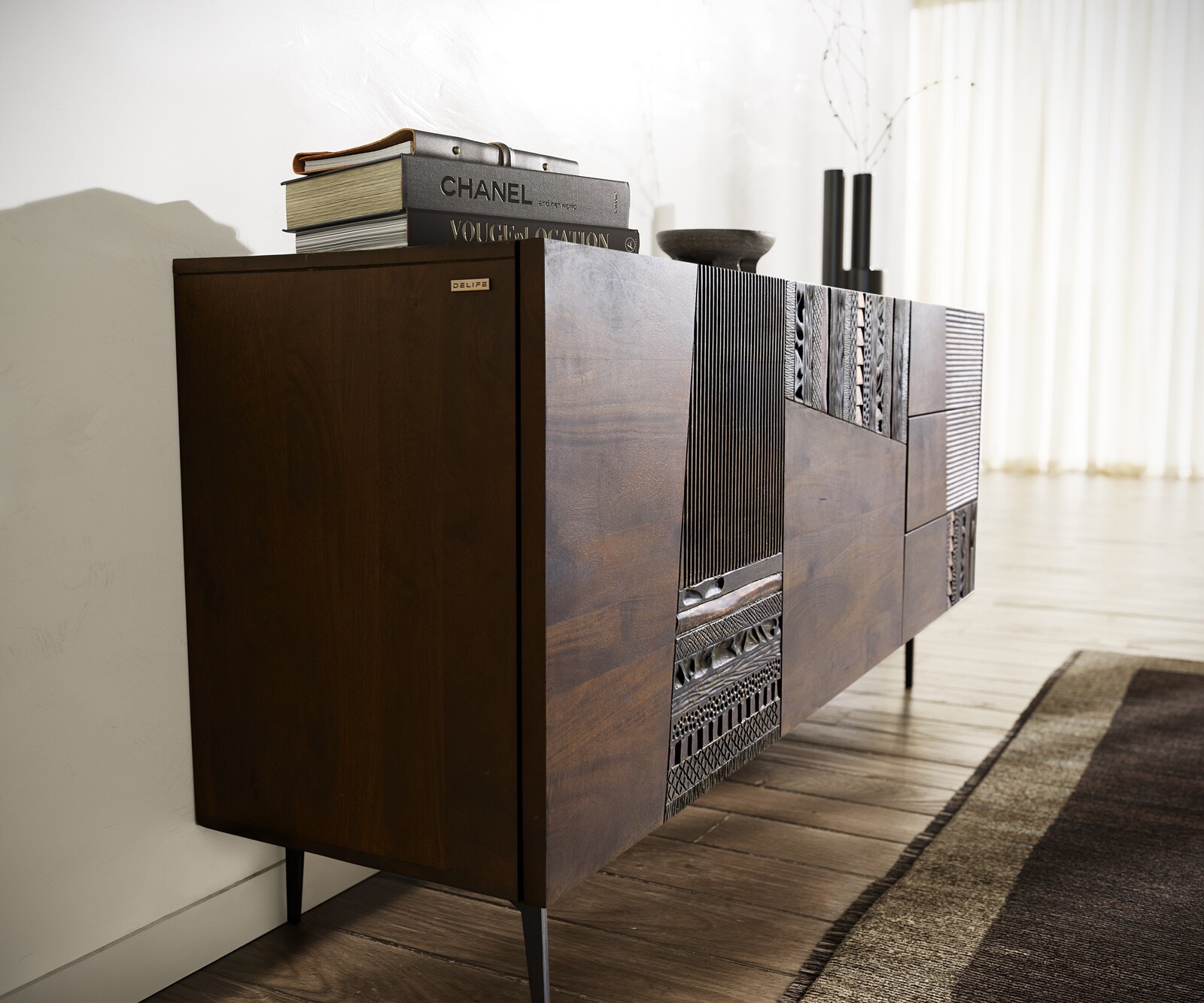 Sideboard Imara 175 cm Mango Braun 2 Türen 3 Schubladen Winkelfuß Metall Schwarz 4