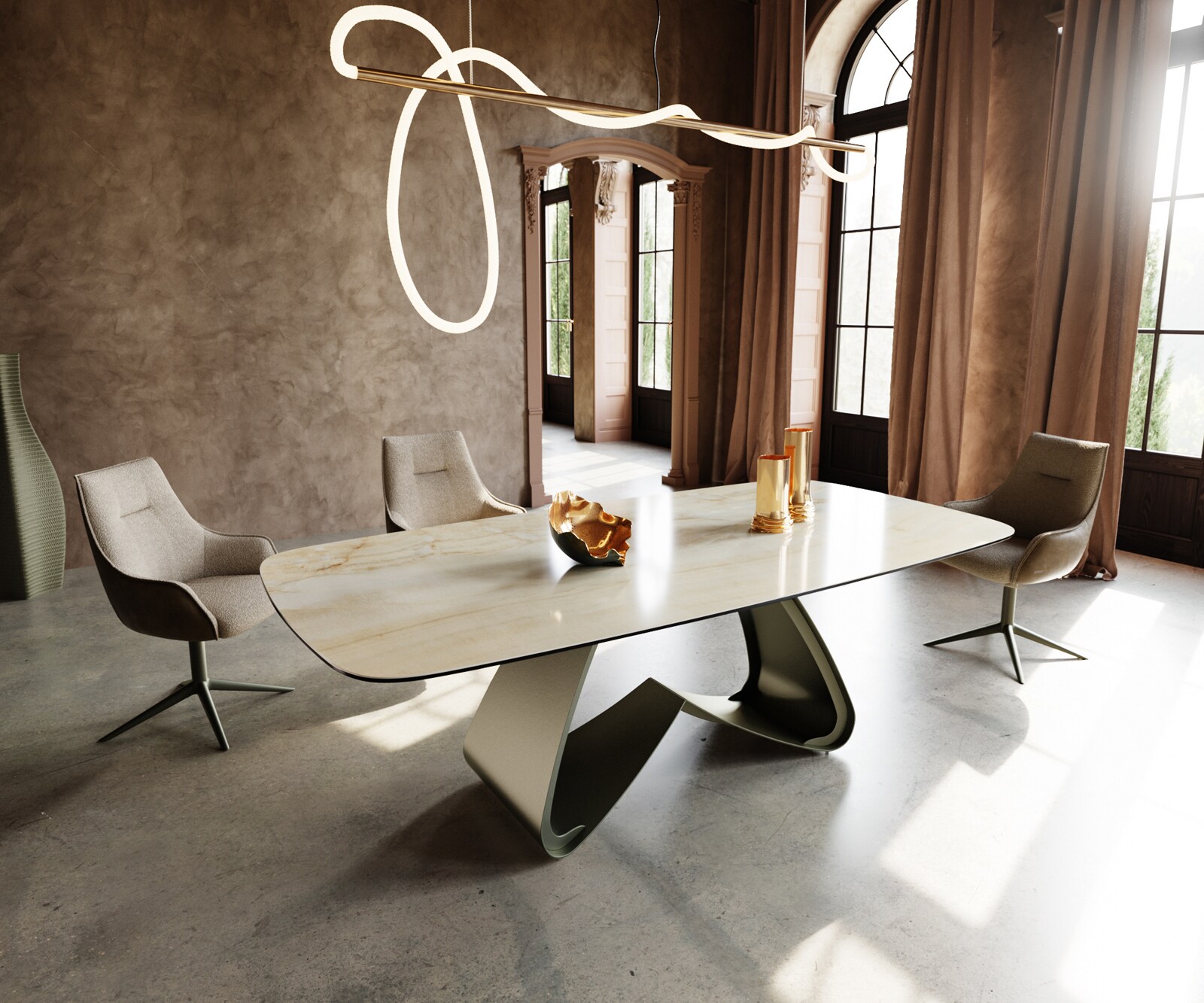 Esstisch Edge Boot 240x120 cm Keramik Iris FMG Onice Oro W-Gestell Metall E günstig online kaufen