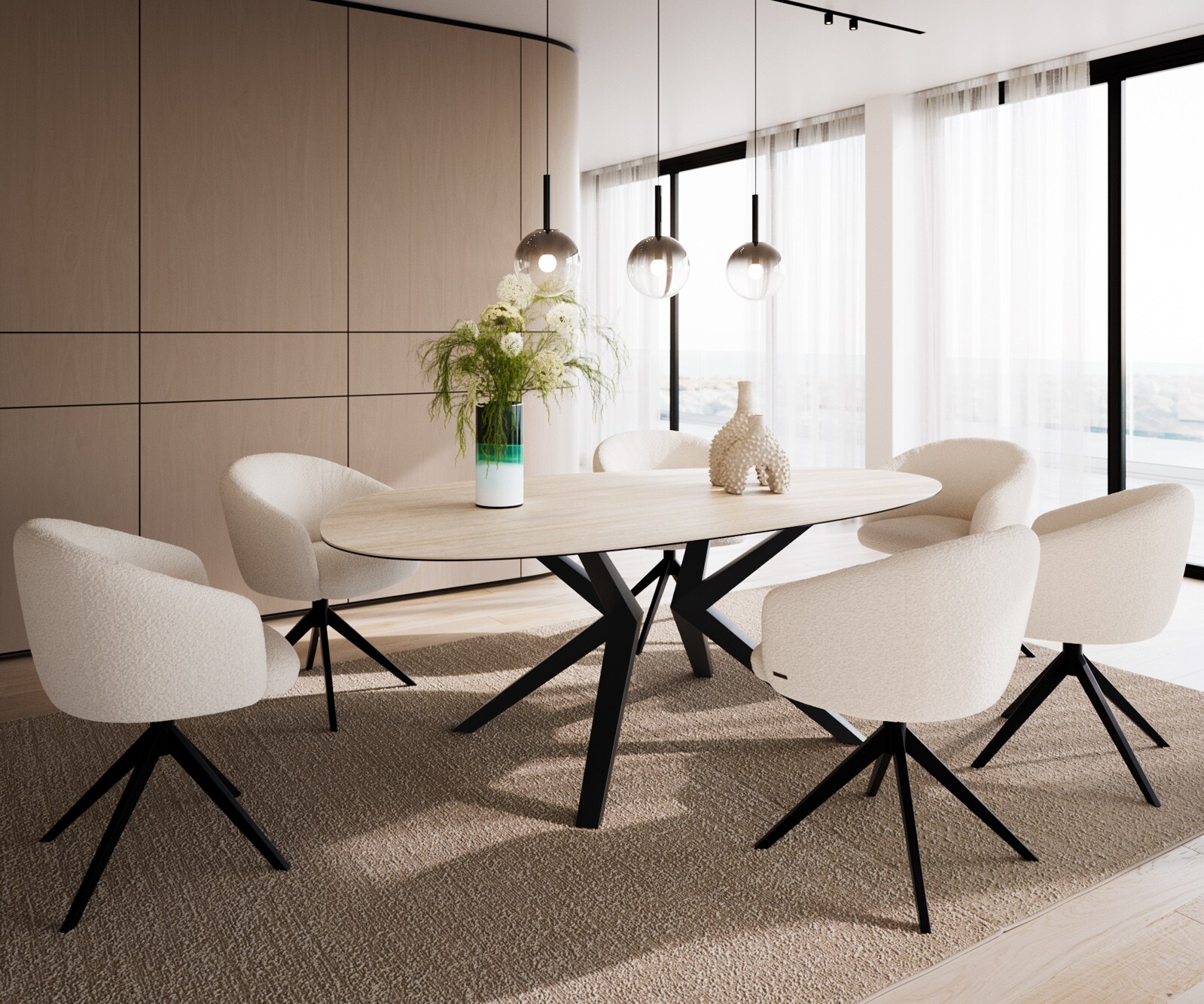 Esstisch Edge Oval 220x120 Keramik Laminam®Travertino Bianco Creme-Weiß​ Zenthara kantig Metall Schwarz 6