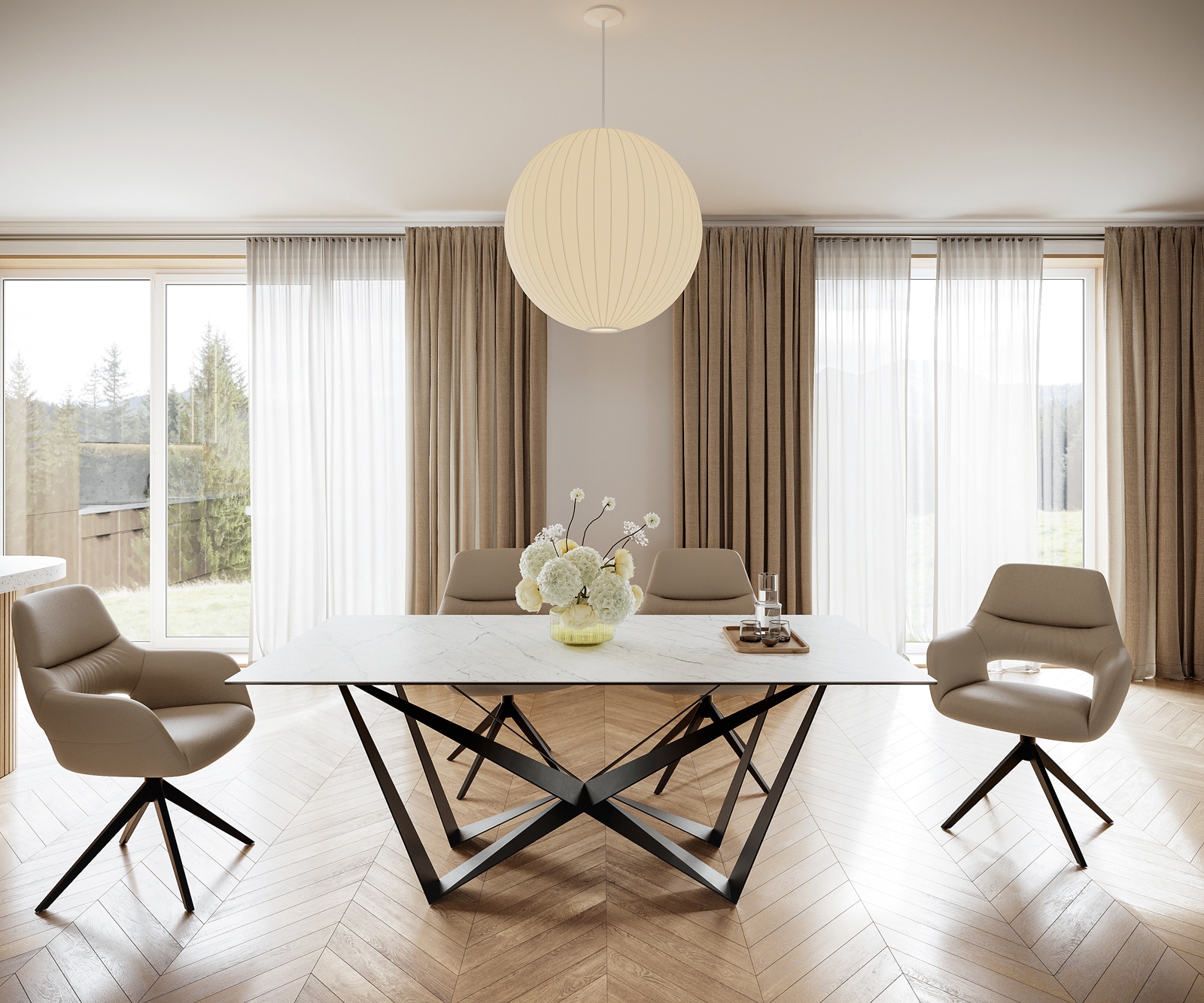 Esstisch Edge 200x100cm Keramik Laminam®Statuarietto Weiß Mittelfuß Flachstahl Schwarz 1