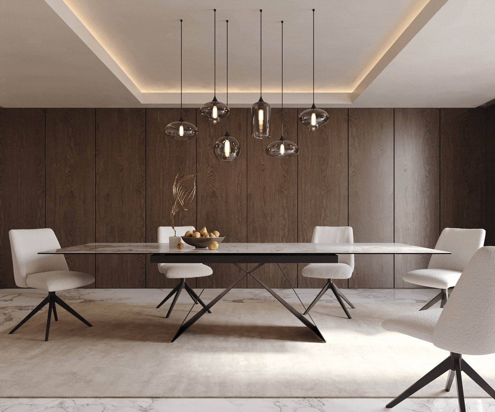 Esstisch Edge 200-300x100 Keramik Minas Melange Weiß-Beige V-Gestell Flachstahl Schwarz ausziehbar 1