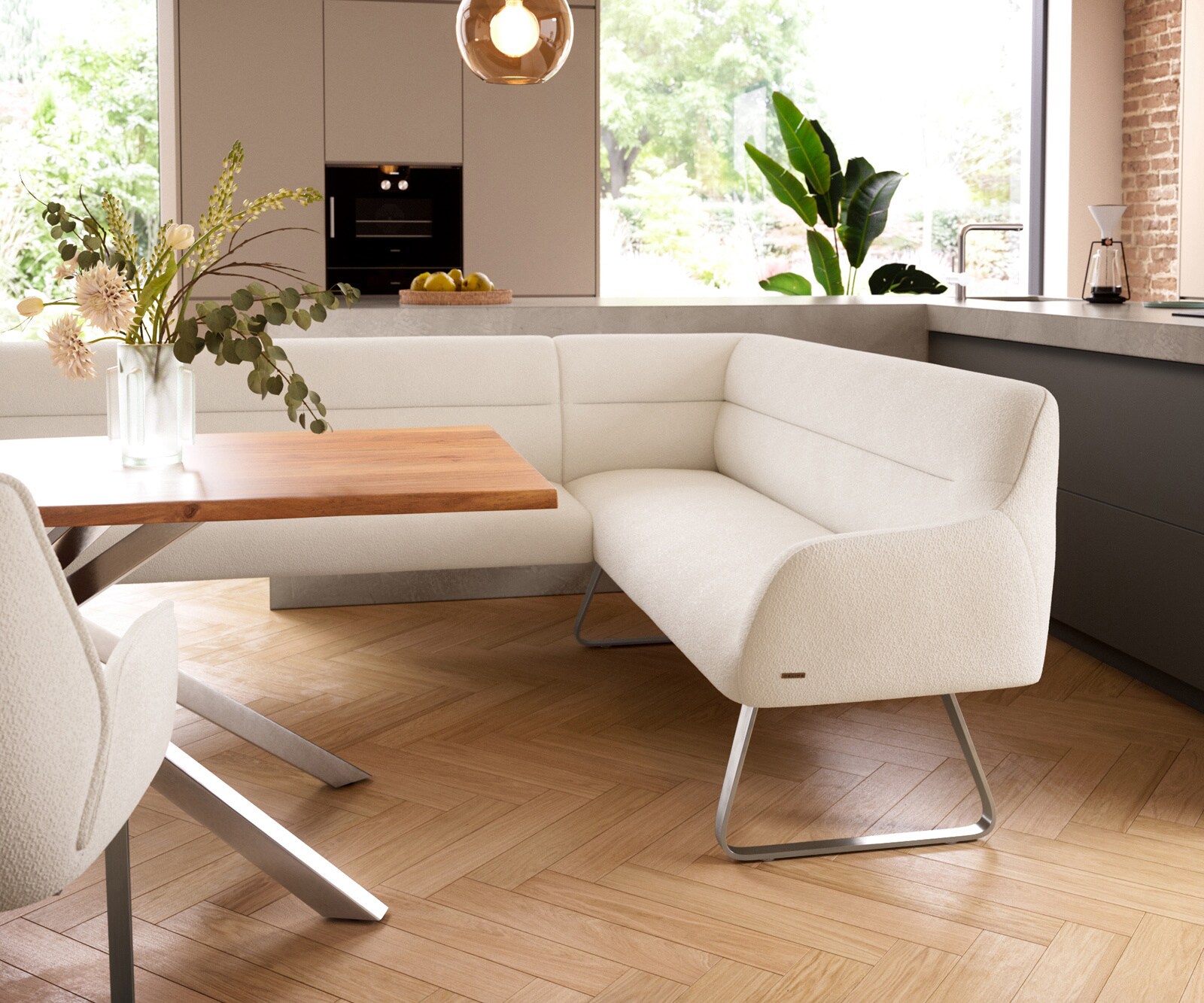 Esszimmerbank Taya-Flex 285x190 cm Bouclé Creme-Weiß Kufengestell flach Edelstahl Taschenfederkern Links 5